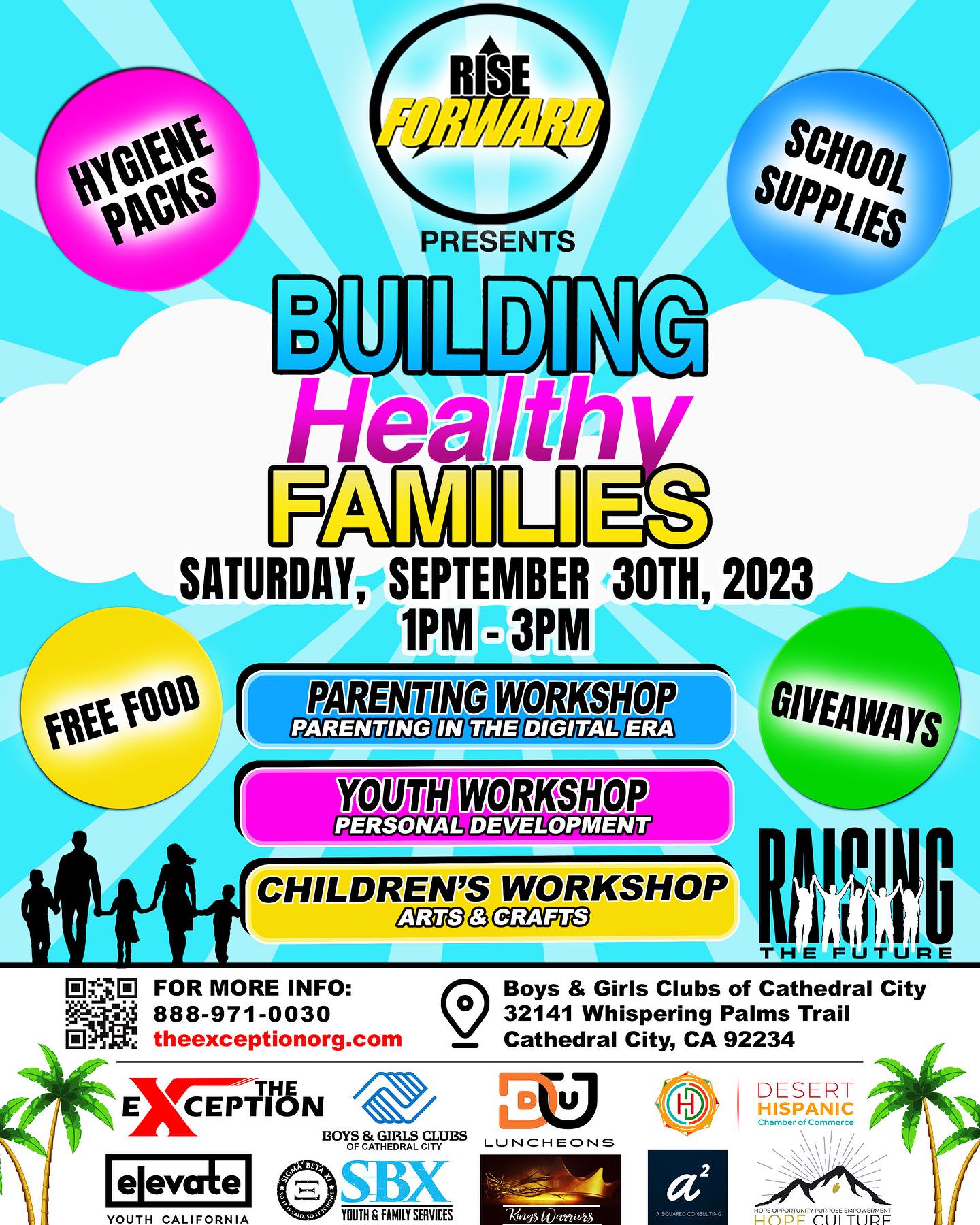 Join us for an inspiring day of community, education, and giving back at our “Building Healthy Families” event in partnership with the Boys and Girls Club of Cathedral City!
📅 Date: Saturday, September 30th
🕐 Time: 1:00 PM - 3:00 PM
📍 Location: Boys and Girls Clubs of Cathedral City
🏠 Address: 32141 Whispering Palms Trail, Cathedral City, CA. 92234
We're thrilled to offer a variety of workshops and free giveaways that will empower families and individuals of all ages:👨👩👧👦
1️⃣ Parenting Workshop: Gain valuable insights and tools for navigating the digital age as a parent, with sessions available in both English and Spanish.
2️⃣ Youth Personal Development Workshop: Young individuals can boost personal growth, learn essential life skills, and set S.M.A.R.T. goals for a brighter future.
3️⃣ Children's Arts and Craft Workshop: Let your kids' creativity shine through engaging and educational arts and crafts activities.
Plus, don't miss out on our fantastic free giveaways, including lunch, non-perishable food items, hygiene packs, backpacks with school supplies, gift cards, and door prizes!
Everything is FREE!!🎁
Mark your calendars, invite your friends and family, and let's come together to strengthen our community. See you there! 🙏🏼
Click the link in the bio to register!📲
#theexception #riseforward #raisingthefuture #coachellavalley #cathedralcity #buildinghealthyfamiles #communityevent #boysandgirlsclubsofamerica #free #resources #giveaways #workshops #parenting #personaldevelopment #nonprofit #elevateyouthca