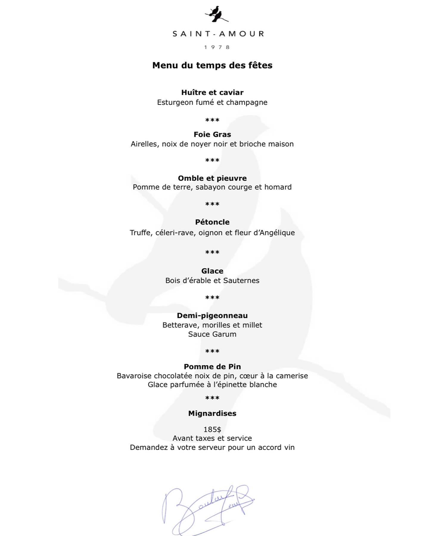 Du 20 au 31 décembre, le Chef Jean-Luc Boulay, Maître Cuisinier de France, ainsi que sa brigade, vous proposent de faire voyager vos papilles avec nos menus des Fêtes et de la Saint-Sylvestre inspiré des produits du terroir québécois.
Consultez ces menus et réservez votre table ici:
https://www.saint-amour.com/menus