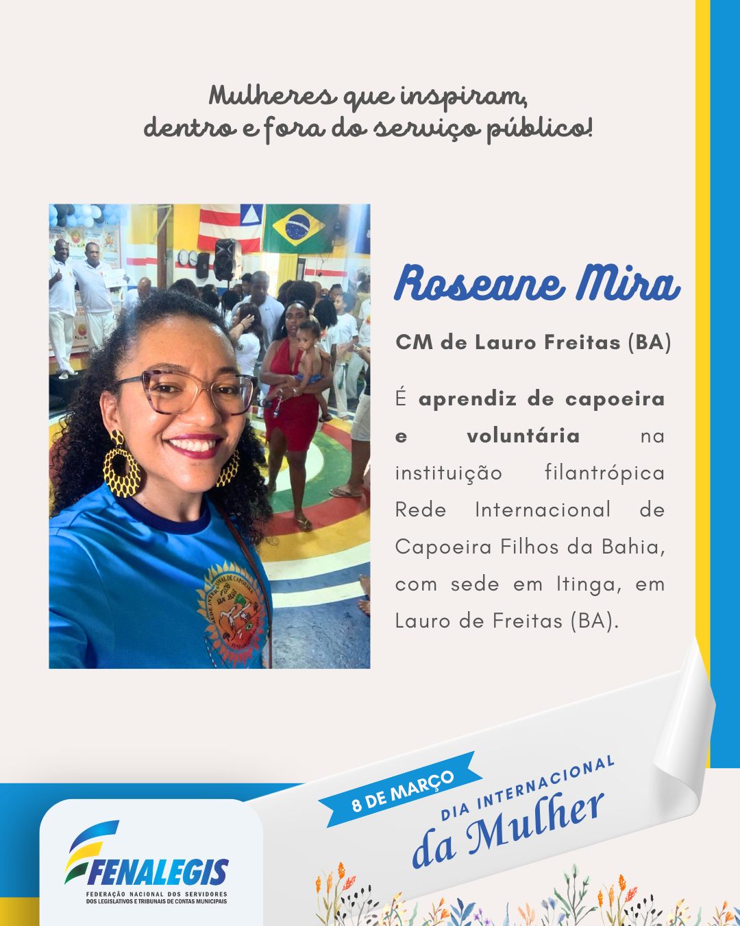 Parabéns a todas as mulheres que encontram no esporte e no voluntariado motivos para se alegrar e ajudar o próximo.
🤝🫂
#diademulher #fenalegis #voluntariado #mulheresinspiradoras #capoeira #laurofreitas #servidorapública
