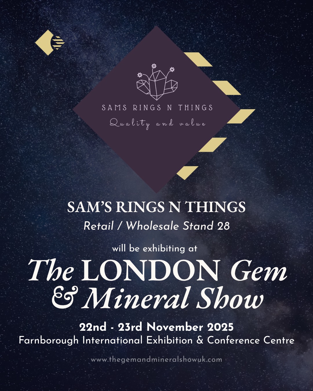✨ Exhibitor Spotlight: Sam's Rings n Things - Retail/Wholesale Stand 28!
We are delighted to welcome Sam's Rings n Things @samsringsnthings to The LONDON Gem & Mineral Show!
Sam's Rings n Things takes immense pride in their commitment to delivering high-quality products at reasonable prices, personally sourcing their exquisite offerings. Their stand is a veritable cornucopia of treasures, including an extensive collection of:
Polished Crystals
Intricate Carvings (including captivating skulls)
Stunning Jewellery
A wealth of beautiful Beads
Visit Retail & Wholesale Stand 28 for quality and value, and find your next perfect piece of crystal treasure!
Show Details: 📆 Saturday 22nd & Sunday 23rd November 📍 Farnborough International Exhibition Centre 🎟️ Tickets available online now - Book via the LINK IN BIO
A big thank you to our wonderful sponsor, @mayfair.gems, for their continued support.
#thelondongemandmineralshow #thegemandmineralshowsuk #samsringsnthings