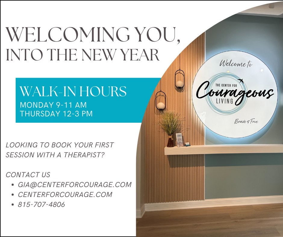 We’re officially back in the office for 2026 — and we’re grateful to step into another year of supporting our community with compassion, clarity, and care. 💛
If you’re easing back into routine and hoping to begin the new year with more grounding, support, or emotional clarity, we’re here to walk alongside you.
To make getting started easier, we offer walk-in hours:
Walk-In Hours
• Mondays: 9–11 AM
• Thursdays: 12–3 PM
And if you’re ready to start therapy in 2026, we would love to help you book your first session and match you with the therapist who’s the best fit for you.
✨ Reflection Question:
What kind of support would be most helpful for you this January?
Reach out anytime — we’re here to support you.
📍 Crystal Lake, Illinois
📧 gia@centerforcourage.com
📞 815-707-4806
🌐 www.centerforcourage.com
#CrystalLakeTherapy #IllinoisTherapist #MentalHealthSupport #CFCL #NewYearNewStart #GentleJanuary #TherapyThatHelps #WalkInTherapy #EmotionalWellness #StartTherapy2026 #YouAreNotAlone #thecenterforcourageousliving #McHenryCountyIL