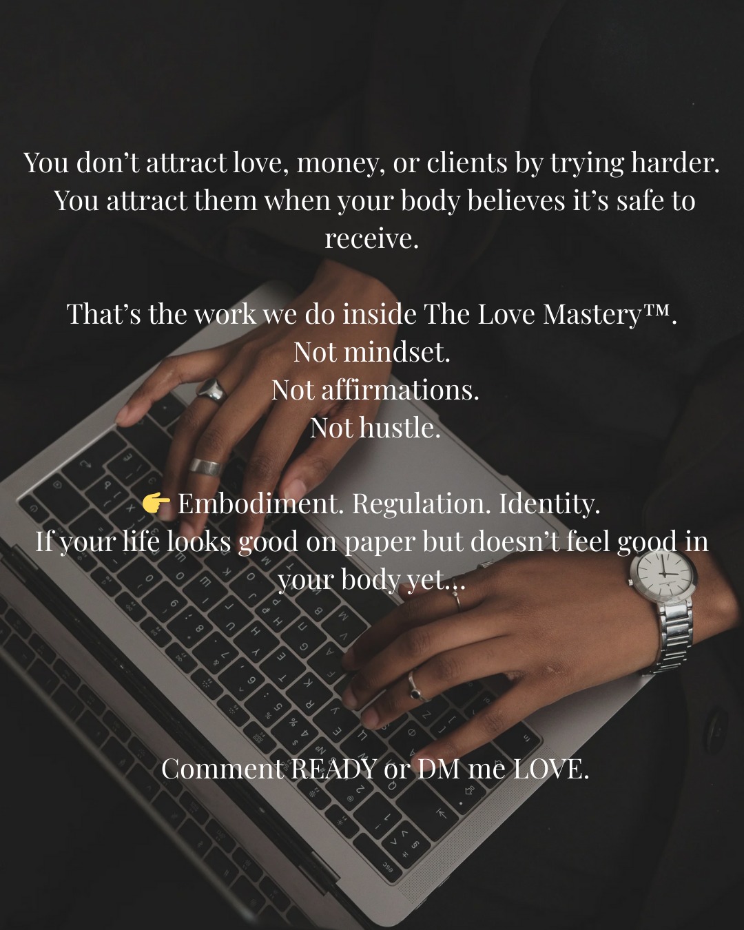 You donât attract love, money, or clients by trying harder.
You attract them when your body believes itâs safe to receive.
Thatâs the work we do inside The Love Masteryâ˘.
Not mindset.
Not affirmations.
Not hustle.
đ Embodiment. Regulation. Identity.
If your life looks good on paper but doesnât feel good in your body yetâŚ
Comment READY or DM me LOVE.
#feminine #femininepower #feminineenergy #femininenergy #femininestyle #divinefeminine #energyhealing #entrepreneur #entrepreneurship #business #businessowner #businessgrowth #businessminded #businesssuccess #lover #loved #loveit #lovers