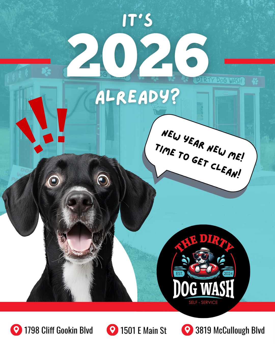 We can’t believe it’s already 2026! We wish you all a Happy New Year! 🎆
And remember, we will be there to keep your pup clean in the new year!
-
📍 1798 Cliff Gookin Blvd
📍 1501 E Main St
📍 3819 McCullough Blvd
-
#TheDirtyDogWash #HappyNewYear