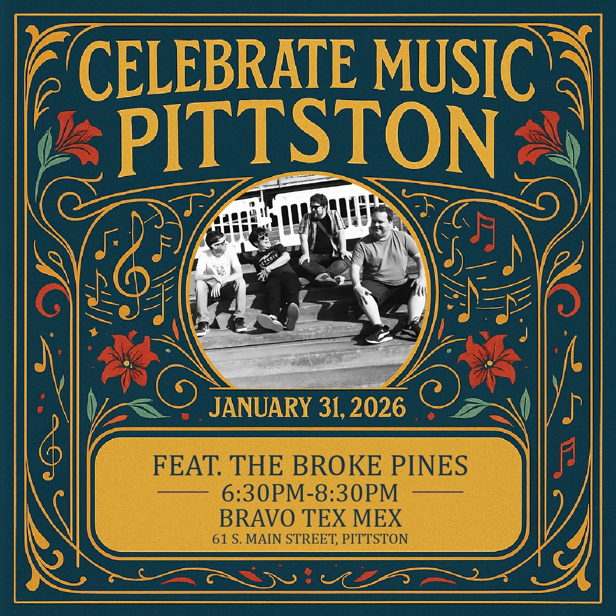 Americana vibes with Tex-Mex flair — The Broke Pines play @bravotexmexrestaurant 6:30–8:30 PM on January 31st!
