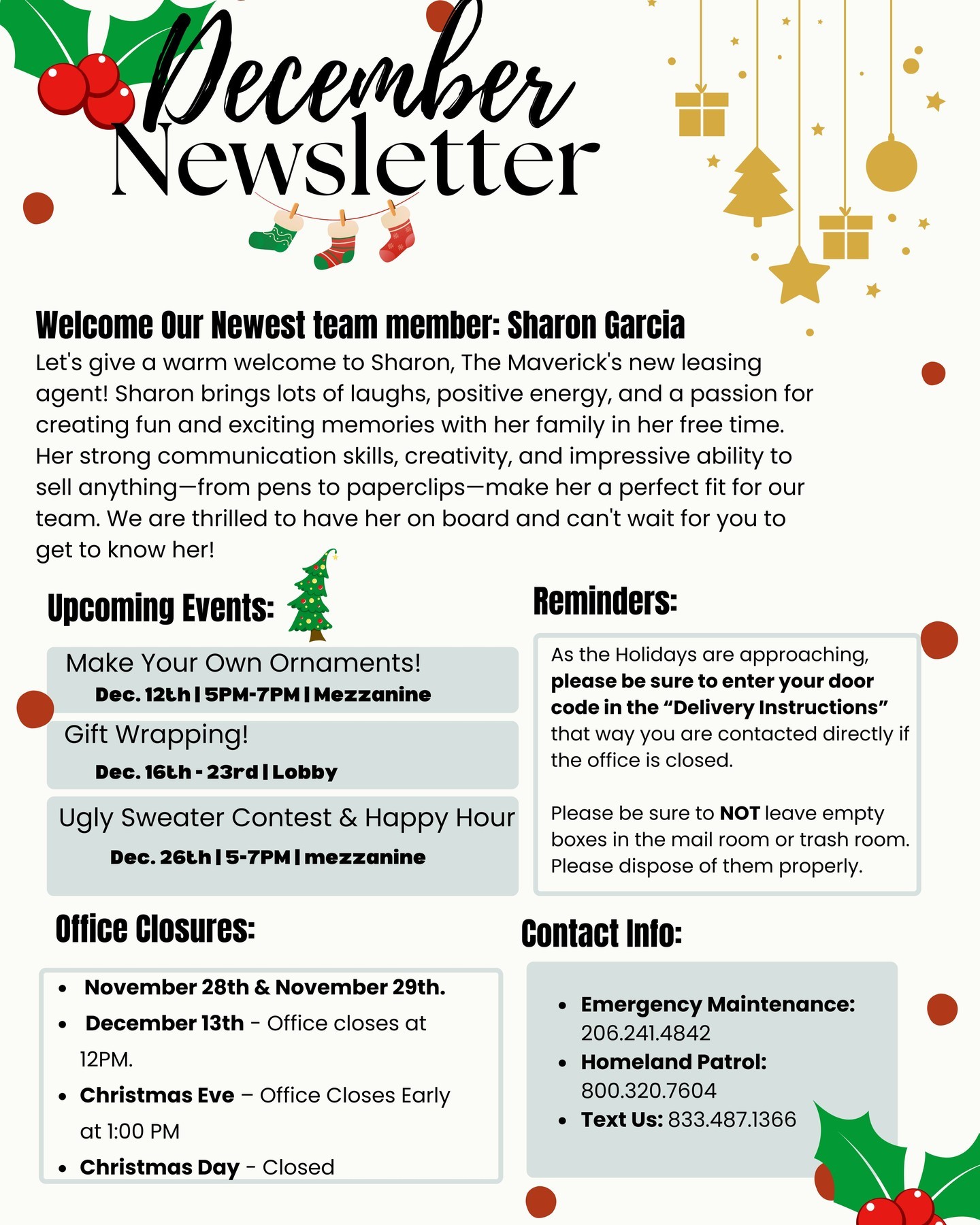 ? Hello, December! ?
We’re rolling into this jolly month with excitement! Here's a peek at the fun events we’ve got lined up for you:
? Make Your Own Ornament
Dec. 12th | ⏰ 5 PM - 7 PM | ? Mezzanine Lobby
? Gift Wrapping Station
Dec. 16th - 23rd | ⏰ 4 PM - 6 PM | ? Main Lobby
? Ugly Sweater Contest + End-of-Year Happy Hour
Dec. 26th | ⏰ 5 PM - 7 PM | ? Club Room
A BIG thank you to everyone who’s already donated to the Treehouse Hoodie Drive! We’re collecting through Dec. 20th – so keep those cozy donations coming, and let’s spread the warmth! ??
Let’s make this December unforgettable! ??
#Burien #BurienWA #PillarPrperties