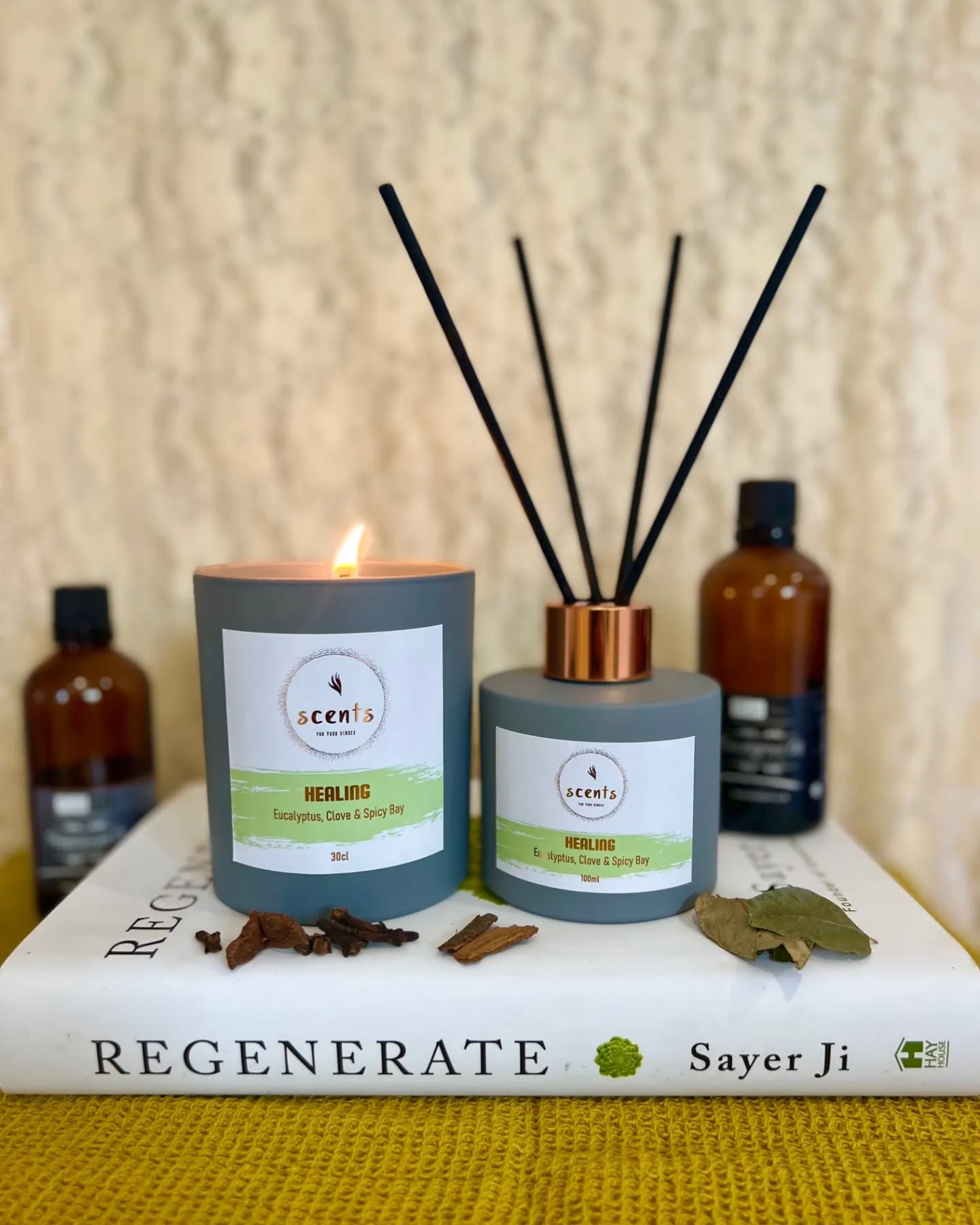 **New Fragrance**
Healing
When you're feeling low, a little congested and in need of some TLC, open your airways and mind with this menthol infused scent and drift into the land of nod...
A super naturally woody blend infused with eucalyptus, hints of spicy bay leaves and a base of clove buds.