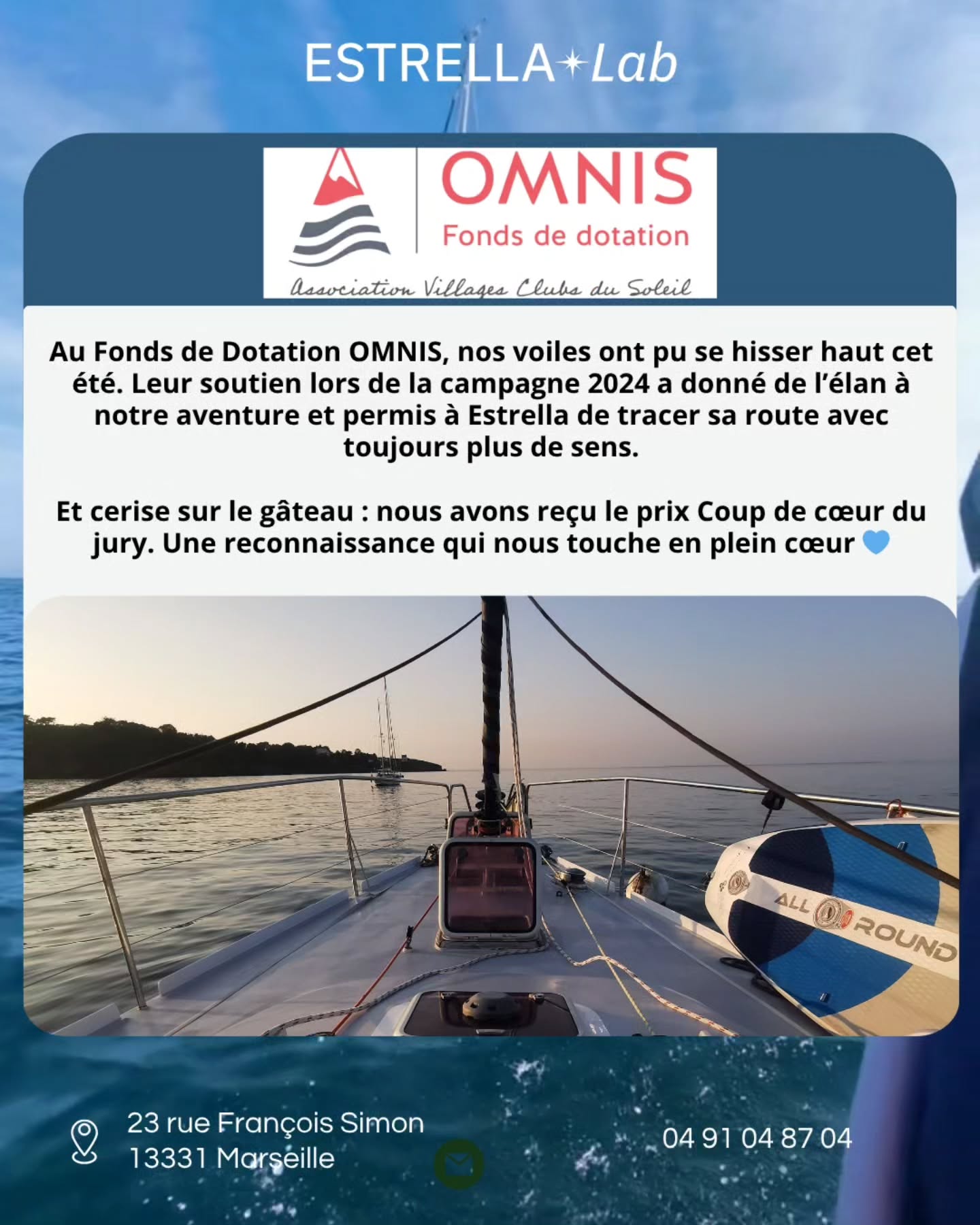 💙 3/3 – Dernier·ère·s, mais pas moindres
Cinq nouveaux visages engagés derrière Estrella 🌊
Iels ne sont peut-être pas à la barre, mais leur soutien nous porte loin, très loin.
La Fondation Caisse d’Épargne, le Fonds Renner Énergie, le Fonds de Dotation OMNIS, Méert Hello et la Mutuelle Saint-Martin :
toutes et tous ont cru en une navigation plus inclusive, plus poétique, plus vivante.
Grâce à elleux, Estrella hisse ses voiles, écoute les fonds marins, avance avec cœur… et fait briller des étoiles dans les yeux de ses équipages ✨
Merci pour votre confiance et votre élan ❤️
