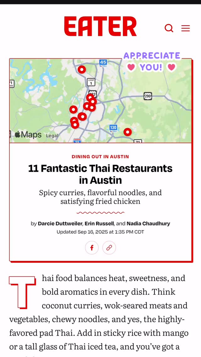 Thank you all our lovely customers for your continued support. We’re so grateful that you recognize our effort, hard work, and dedication to the quality of our food and service. We truly appreciate you ❤️
#11 Fantastic Thai Restaurants in Austin 🇹🇭 By @eateraustin 🙏❤️@kaizabbthai 🐓🔥