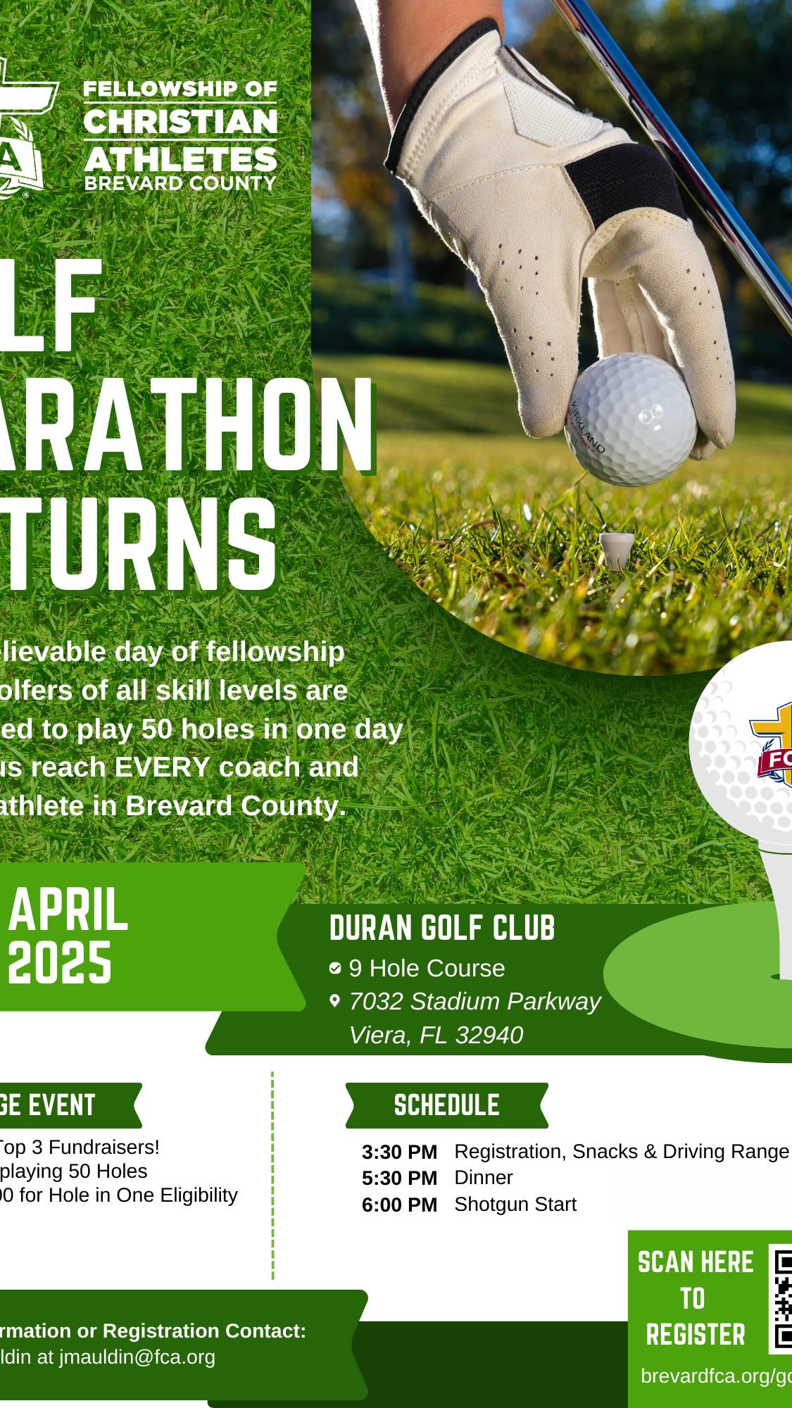 Sign up for our golf marathon! ?️
What is a golf marathon? An unbelievable day of fellowship where golfers of all skill levels are sponsored to play 50 holes of golf in one day to positively impact the lives of coaches and athletes in Brevard County. ⛳️
40 golfers will play a ‘whole-lotta-golf’ while collectively raising funds to support ministry across Brevard County to help lead coaches and athletes into a growing relationship with Jesus Christ and His Church. ?️♀️
Click the link to register! https://www.brevardfca.org/golf-event
#fcabrevard #fcabrevardsports #fellowshipchristianathletes #brevardfca #fcagolfmarathon