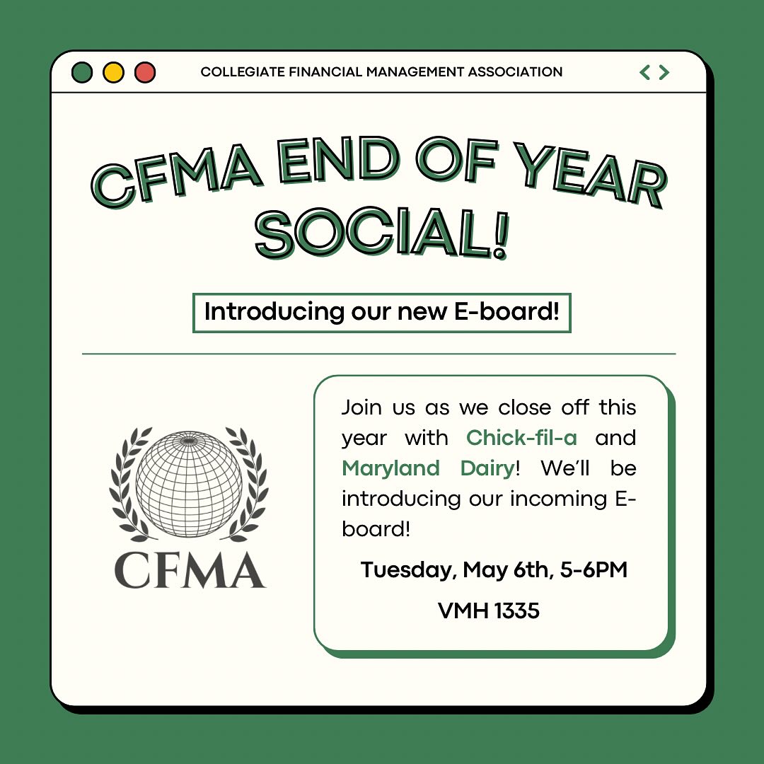 Join us next Tuesday, May 6th, for our End of Year Social! Come meet our incoming E-board as well as enjoy some Chick-fil-a and Maryland Dairy!