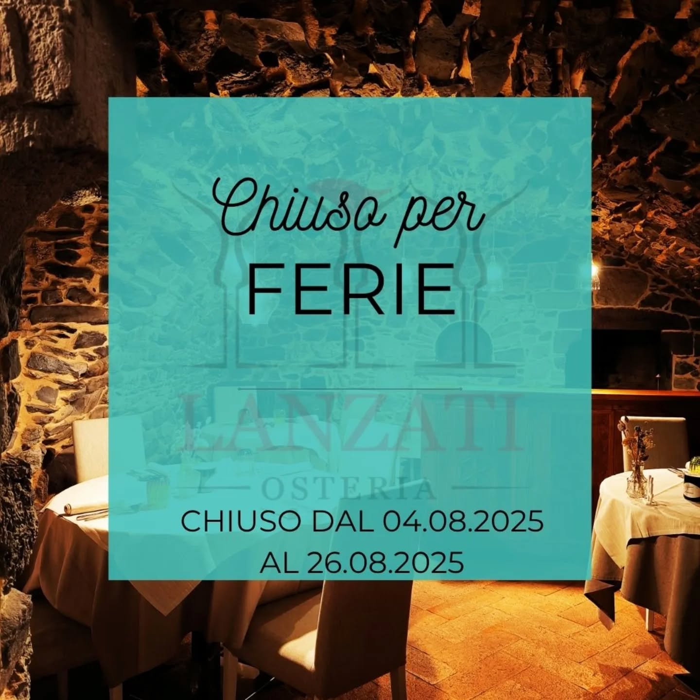 Chiuderemo per ferie dal 4 al 26 agosto...
Andiamo a rigenerarci un po', coi nostri cari, gli amici nei posti che ci hanno visto crescere.
Ci mancherete per un po', speriamo di mancarvi anche noi❤️.
Ci rivedremo col pranzo del 27 agosto!
A presto!