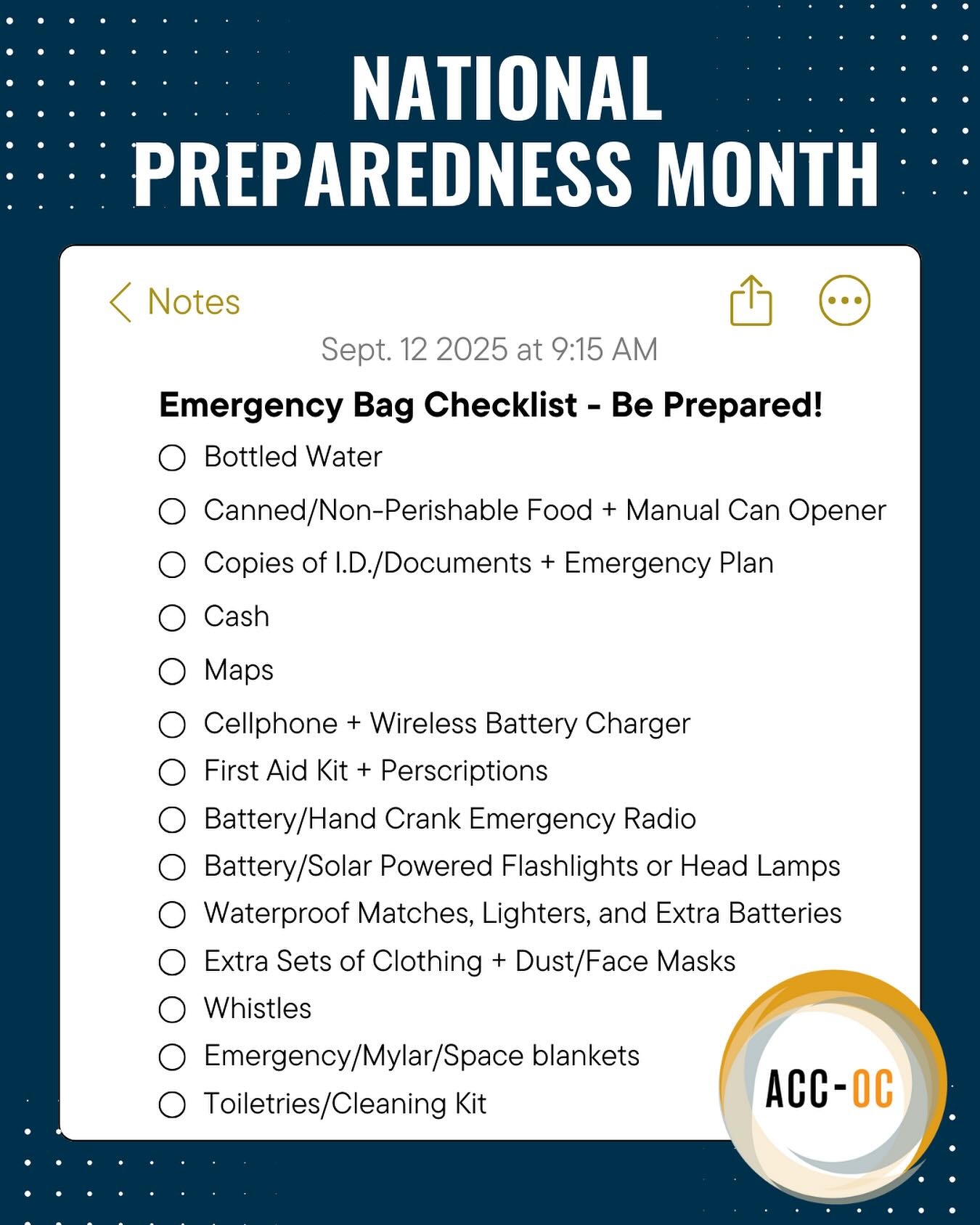 🎒 Emergencies often come without warning — but preparation makes all the difference. 👜
✨ This National Preparedness Month, ACC-OC is focusing on readiness. Having a grab-and-go bag ensures you and your loved ones have the essentials when every second counts.
Check out this week’s infographic for a simple packing list to help you be prepared, stay safe, and act fast.⏱️
#PreparednessMonth #EmergencyReady #ACC_OC #OrangeCounty #oc