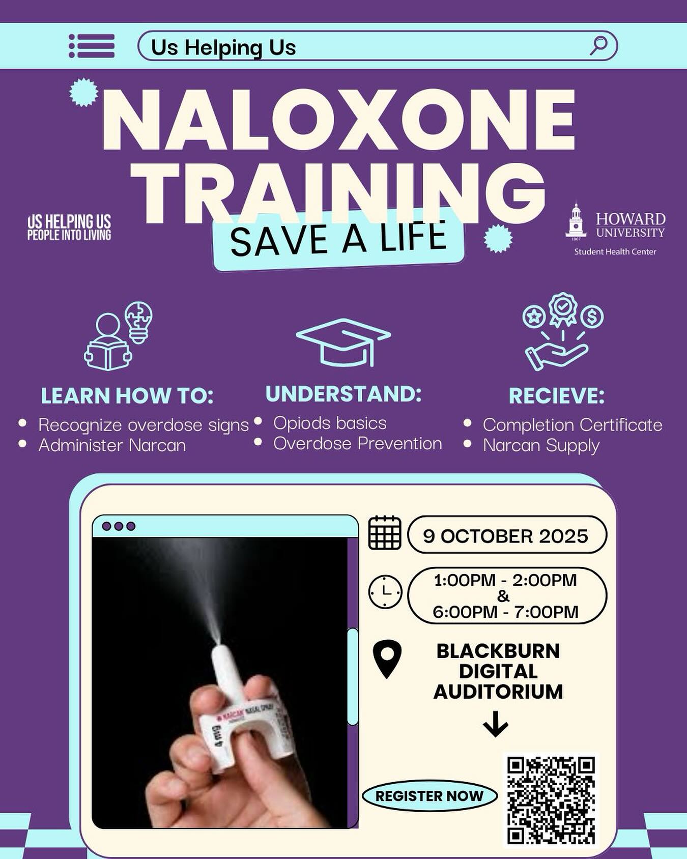 🚨 Be the Difference. Save a Life 🚨
Overdoses can happen anywhere even on a college campus. Knowing how to use Narcan could mean saving a friend, a classmate, or a stranger in need.
Join us for a free Narcan training on October 9th and leave certified to administer this life-saving medication ⭐️
Use the QR code or click the 🔗 in our bio to sign up for
🕐Session 1: 1-2PM
or
🕕Session 2: 6-7PM