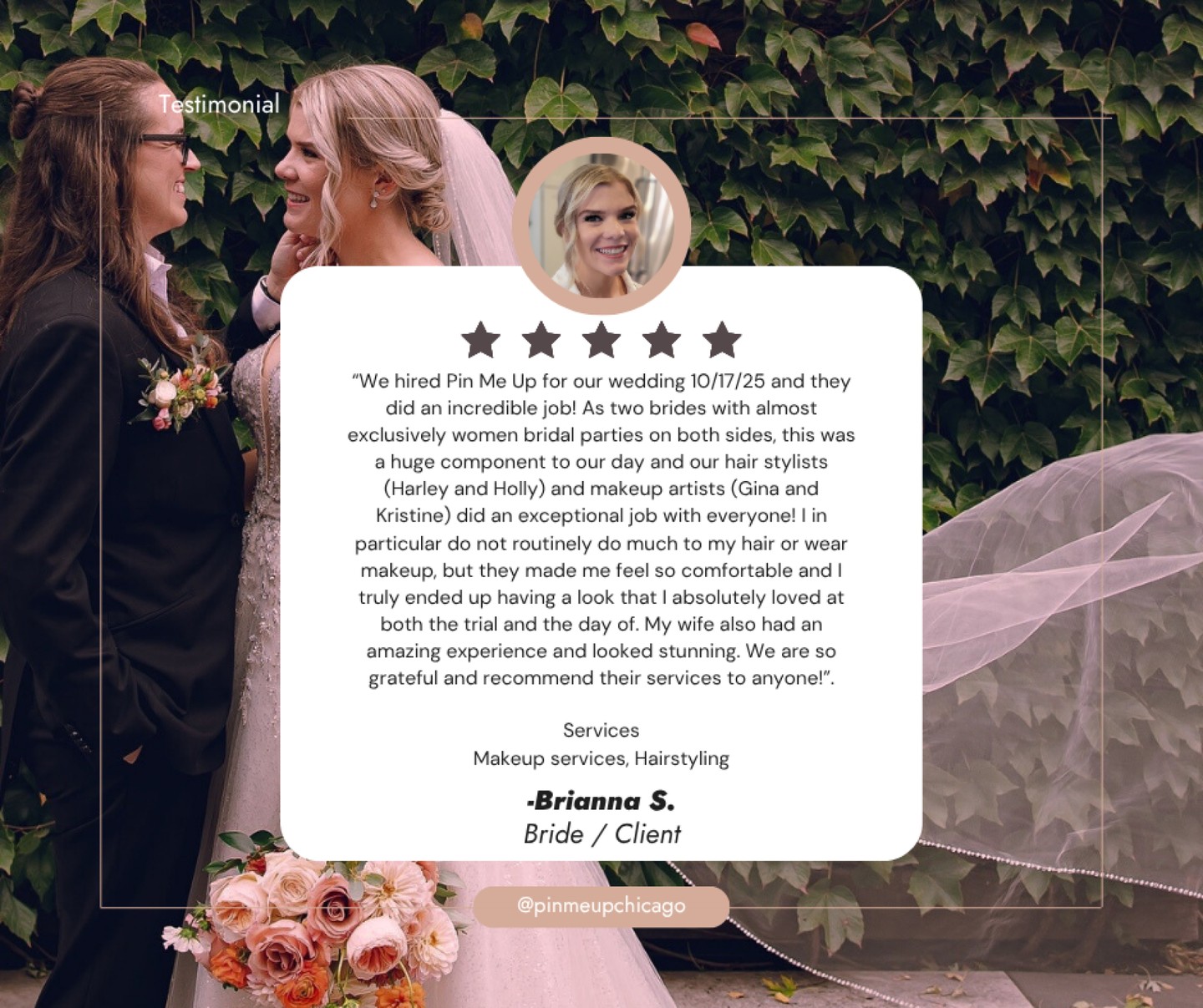 We are truly honored and deeply grateful for our beautiful clients, Brianna and her wife, for her incredibly heartfelt testimonial! It was a privilege to be part of their special day!
2026 Brides: Your dream day deserves a dream look! Let us bring your vision to life with our expert hair and makeup services.
Don’t wait—secure your date with Pin Me Up Chicago today!