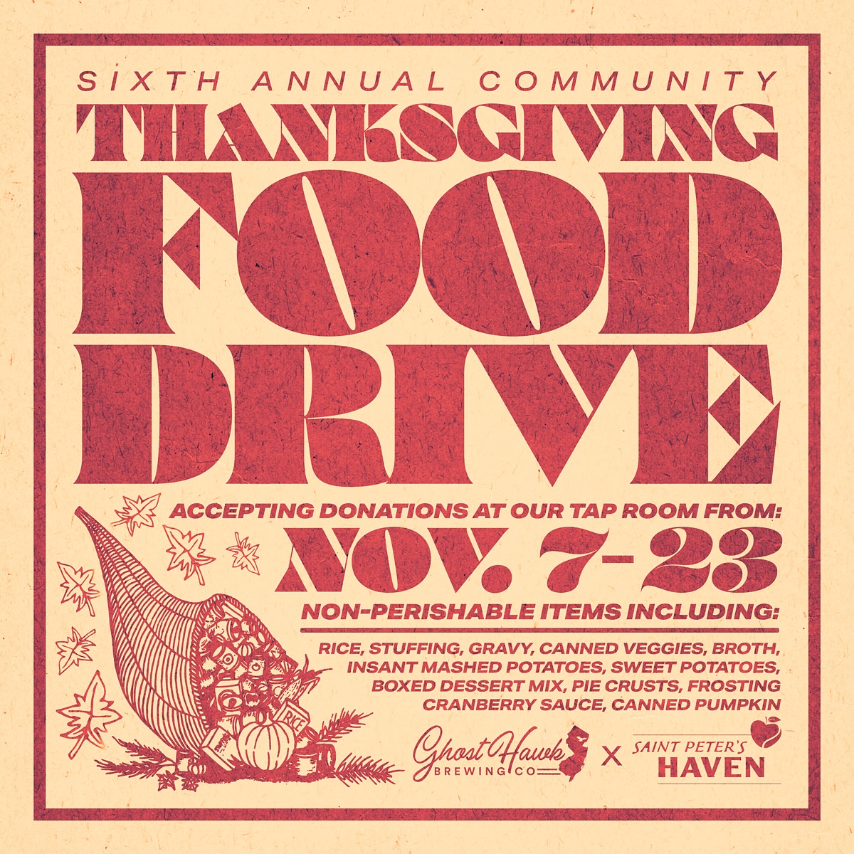 🦃 GOBBLE GOBBLE!! 🦃
We’re proud to kick off our Sixth Annual Thanksgiving Food Drive… and this year, we’re starting a little early.
We typically run the drive for two weeks leading up to Thanksgiving, but for 2025 we’re adding an extra weekend of collections to give everyone more time to contribute.
So even though the posters at the tap room say Monday 11/10, we’re getting things rolling THIS Friday, 11/7 and running through Sunday, 11/23!
All donations go to our good friends at @saintpetershaven right here in Clifton… the city’s only food pantry and shelter, supporting over a THOUSAND local families and providing homeless outreach year-round.
We’ve been working with St. Peter’s for many years now and their grassroots volunteer crew continues to do some truly beautiful work in our community.
We’re collecting non-perishable food items including: rice, stuffing, gravy, canned veggies, broth, instant mashed potatoes, sweet potatoes, boxed dessert mix, pie crusts, frosting, cranberry sauce, canned pumpkin.
Drop your donations in the large, festively-wrapped box by our front door… we’ll handle the rest!
Each food drive donation earns you a GHBC token (good for one in-house pour) and a limited-edition sticker as a small thank-you for helping us support the Clifton community this season.
It’s no secret, these are heavy times we’re living in. The world feels divided, loud, and constantly pulling us in different directions. But at the end of the day, we ALL share the same space… and sometimes the best thing we can do is just show up for each other.
This time of year (more than ever) is about helping our neighbors, lifting each other up, and finding shelter in community.
MUCH LOVE FROM THE GHOST HAWK CREW 🙏
👻🖤🦃
#ghosthawkbrewingco #cliftonnj #hawkshigh #beerflavoredbeer #saintpetershaven #thanksgiving #fooddrive #community #giveback #njbeer #njcraftbeer #craftbeer #beercommunity