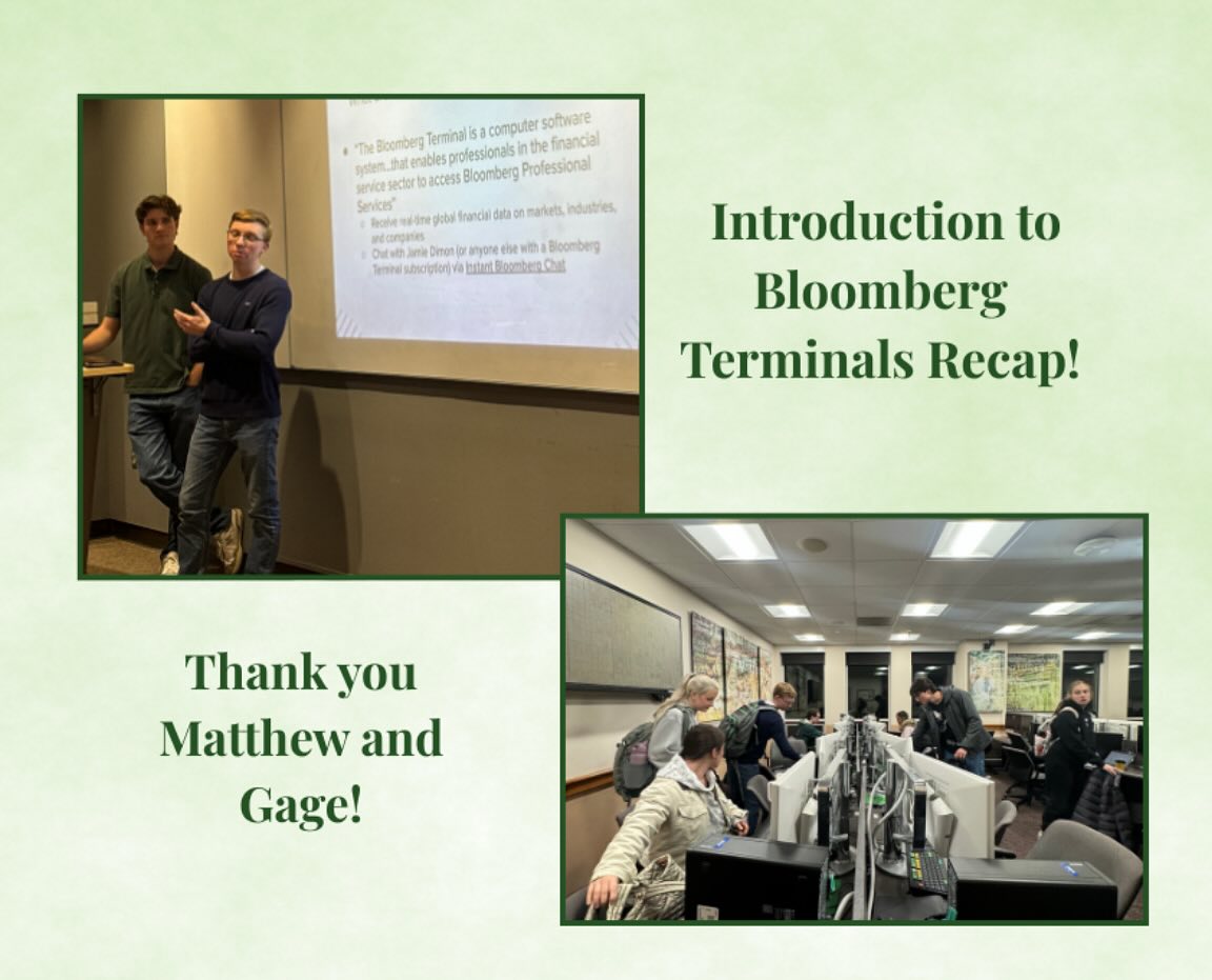Recap on our introduction to Bloomberg Terminals! Thank you to Matthew and Gage for presenting and thank you to everyone who came!