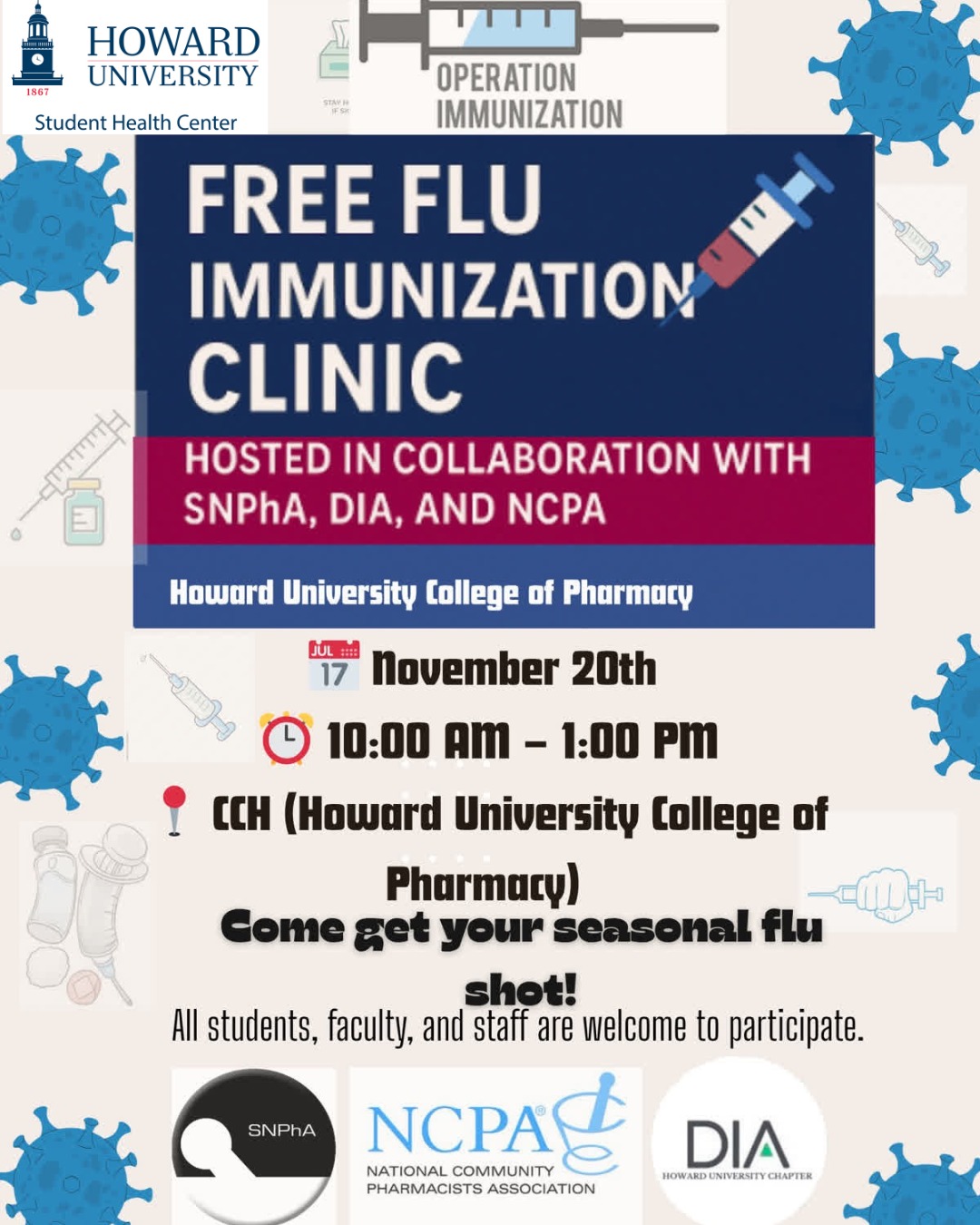 Flu season is here — come protect yourself! 💉
We’ll be offering FREE flu shots on November 20th for all staff, faculty, and students who are a part of the College of Pharmacy in the HUCOP Student Lounge.
If you want to get your flu shot, please fill out the Google Form in our bio so we can be prepared for you.