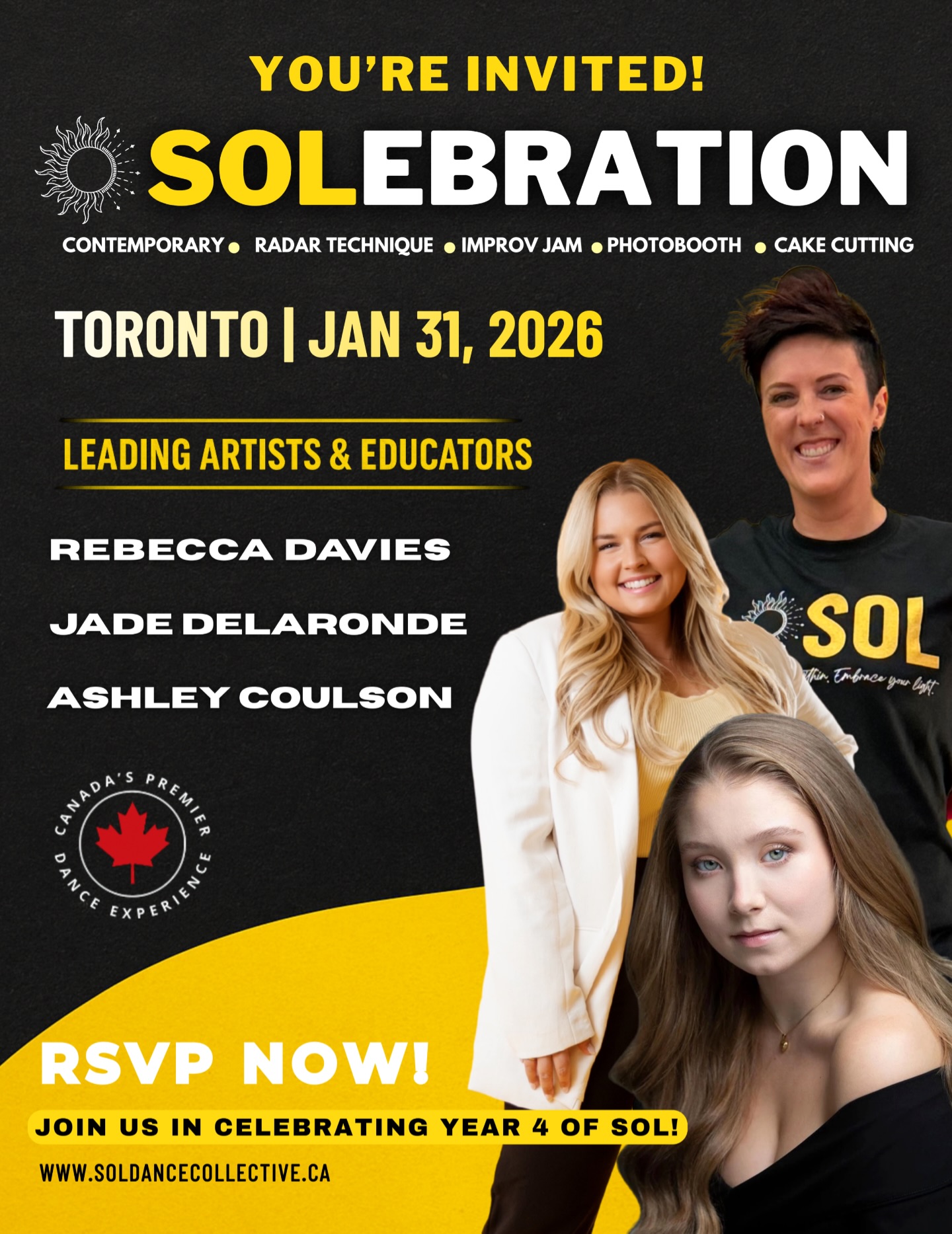 It’s our 4th birthday and you’re invited! 🎉🎂✨
Join us for SOLEBRATION Winter Intensive, the ultimate kickoff to the 2026 SOL season!☀️
RSVP NOW, space is limited!
Featuring this year’s Faculty Feature:
✨ Rebecca Davies (Australia) - RADAR Technique
✨ Ashley Coulson
✨ Jade DeLaronde
PLUS: photobooth fun, cake cutting, party vibes & more! Let’s celebrate the start of another incredible year together! 💛