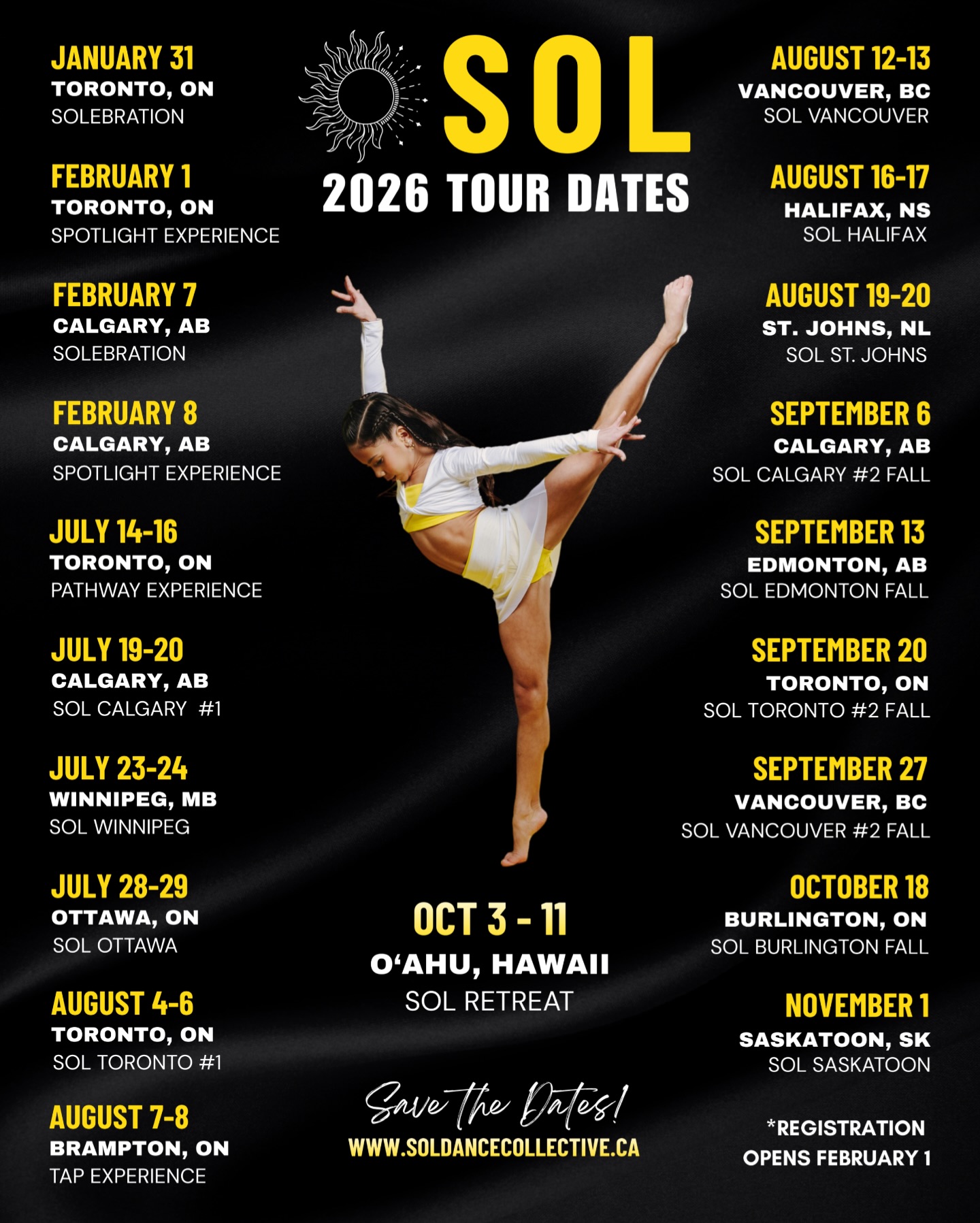 ☀️ SAVE THE DATES! ☀️
The 2026 SOL Tour is our biggest yet, and we’re so excited to share it with you!
✨ INTRODUCING… our newest SOL experience:
🌺 SOL HAWAII 2026 - O‘ahu Dance Retreat 🌺
A soul-fueling experience filled with dance, community, yoga, photoshoots, and cultural connection on one of the most beautiful islands in the world!
Limited spots. Join the VIP Priority List — link in bio!
✨ Registration for Summer + Fall Tour opens FEB 1st!
Mark your calendars, it’s going to be an incredible, soulful year
SOL 2026 TOUR IS HERE!!
🌞 Don’t miss a moment - join the VIP lists, save the dates, and get ready for an EPIC year of SOL!
#SOL2026 #SOLHawaii