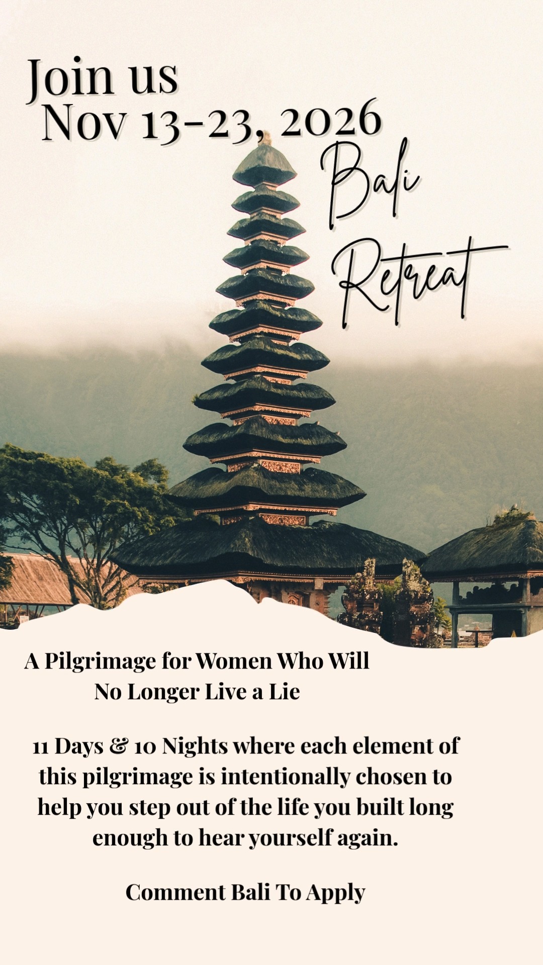 An Invitation, Not a Vacation
Raechel Morrow & Blangelika Rivera, we are inviting you to a sacred pilgrimage to Bali for the woman who knows her next chapter requires space, beauty, and truth.
⨠11 days to step out of roles
⨠Luxury care + seamless travel
⨠Clarity that lands in the body
⨠You return aligned, grounded, and ready
If Bali has been calling you, this is your sign.
Apply to join. When you know, you know.
11 Days & 10 Nights, where each element of this pilgrimage is intentionally chosen to help you step out of the life you built long enough to hear yourself again.
Join us
Nov 13-23, 2026
Bali
Retreat
A Pilgrimage for Women Who Will No Longer Live a Lie
11 Days & 10 Nights where each element of this pilgrimage is intentionally chosen to help you step out of the life you built long enough to hear yourself again.
Comment Bali For more info.
#healing #womenbusinessowner #networking #newyear #NetworkingOpportunities #spiritualgrowth #healingjourney #womensupportingwomen #women #womenhelpingwomen #EnergyHealer #authenticity #newyearresolution #newyearcelebration #feminineenergy #energyhealer #reikihealingenergy #happynewyear2026 #womenbusinesses #womenbusinessowners #bali #retreats2026