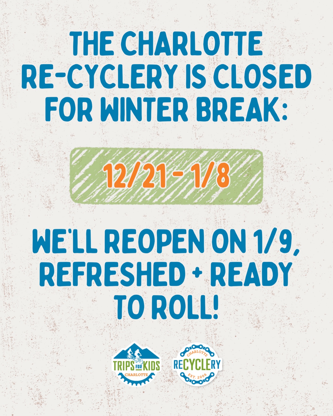 That’s a wrap! The Charlotte Re-Cyclery is closed for our annual winter break so our team can rest and regroup in preparation for the new year 💚
We’ll see you again starting January 9th! 🔧 🚲♻️