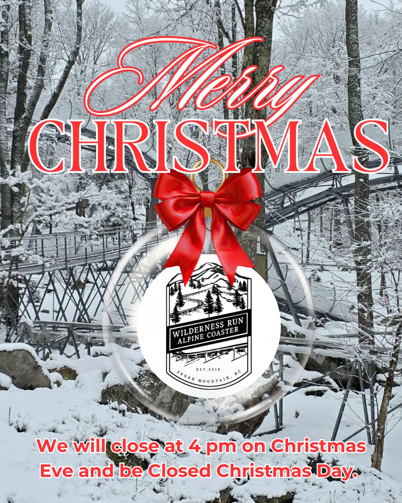 It’s Christmas week, and we are so excited to spend the holidays with you all! We have extended hours through January 4, staying open until 7 PM every night. If you’ve been wanting to experience a nighttime ride, now is the perfect time.
We will be closing at 4 PM on Christmas Eve and will be closed on Christmas Day so our staff can spend time with their families. We can’t wait to see you out on the coaster and to share these special holiday memories with you!