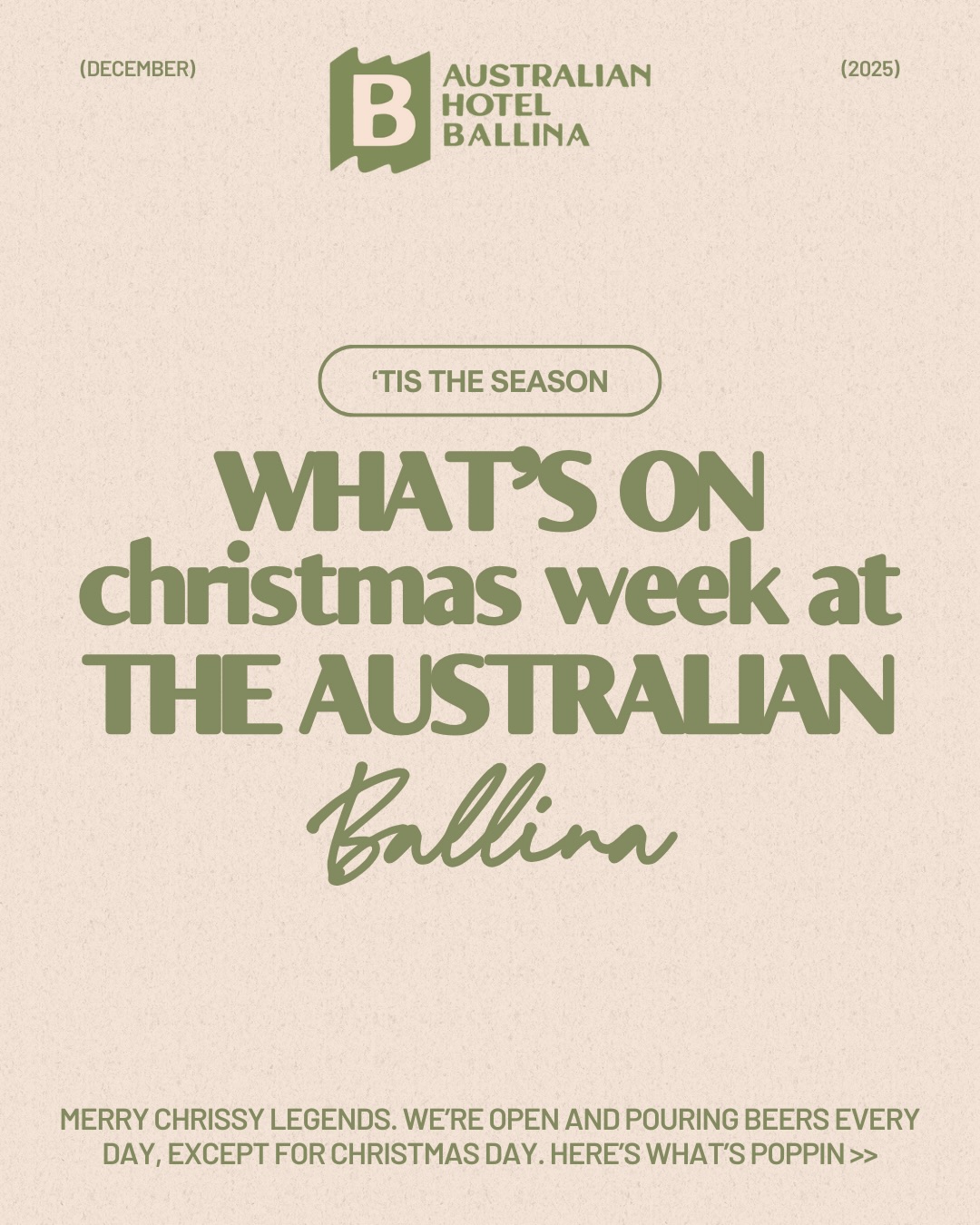 Twas the week before Christmas and all through the pub,
The taps they were flowing, the dance floor a hub 🍻
If you’re dodging the dishes or escaping the rellos,
We’ve got tunes, cold beers and good festive hellos 🎅🏽
🎄 Fri Dec 26 ~ @jessewitney Trio
Post-prawns, post-pav, straight into the groove. Boxing Day beers taste better with live music.
🎄 Sat Dec 27 ~ DJ @busxmusic
When the turkey’s gone and the waistband’s loose, it’s dance floor time, no excuses.
🎄 Sun Dec 28 ~ @chronroy Band
A Sunday sesh to bring it home. Cold ones, cruisy tunes, and zero emails.
We’re closed Christmas Day (25th) (yep even the pub needs a nap) but we’re back open Boxing Day for beers, cricket, live music and all the good stuff.
From our Aussie fam to yours: eat well, drink better, and we’ll see you at the bar. Ho ho ho, Ballina 🎅🍺