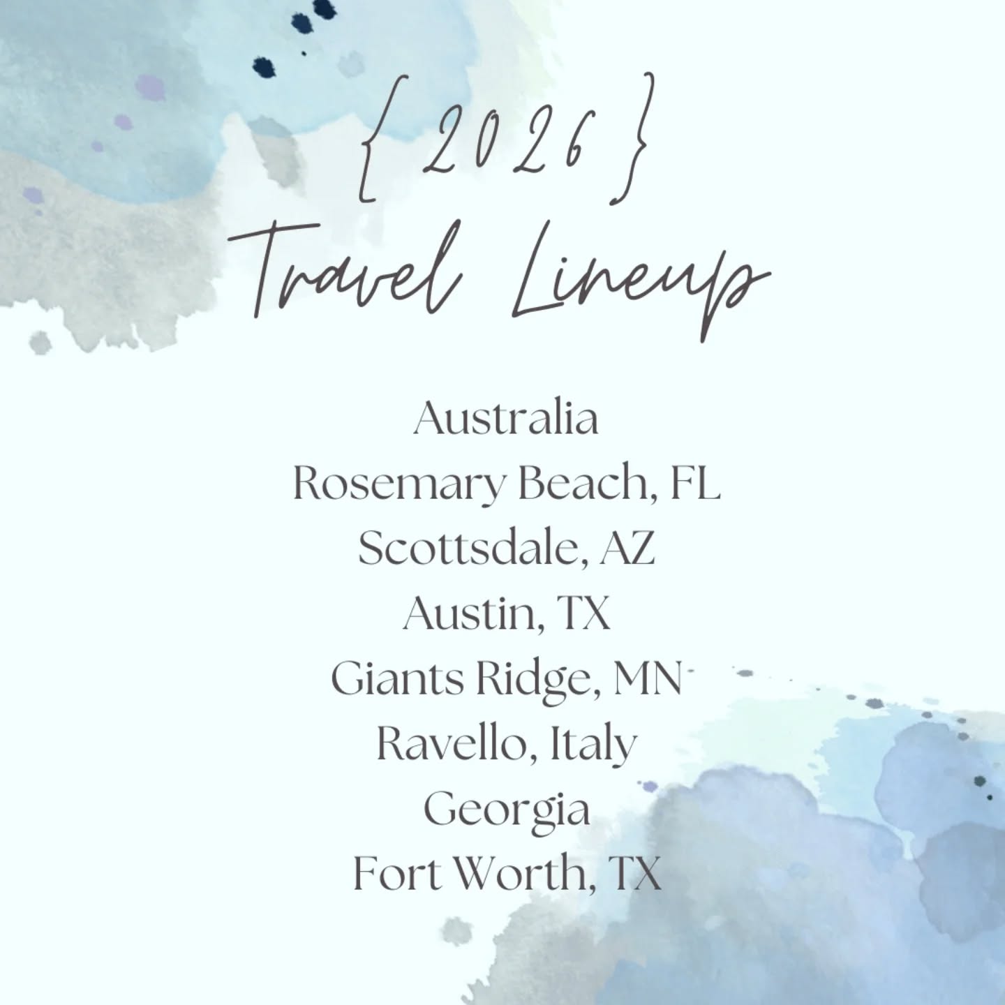 Passport ready, calendar packed ✈️✨
Here’s our tentative 2026 travel lineup...
🇦🇺 Kicking things off big with Australia
🌴 Bachelorette party bliss in Rosemary Beach, Florida
🌵 Bachelor party vibes in Scottsdale, Arizona
🏎️ A milestone birthday family reunion in Austin, Texas
🎇Extended family escape to Giants Ridge, Minnesota
🇮🇹 Couples trip to Ravello, Italy for a destination wedding
🪩 Girl Gang getaway to Waco, Texas
🍑 Visiting friends in Georgia
🤍 Wrapping it all up with a family wedding in Fort Worth, Texas
From beaches to boot scootin’, weddings to weekends away—2026, we’re so ready for you 🌍✌️
Follow along for the itineraries, tips & tricks, and all the real-life family travel moments in between.