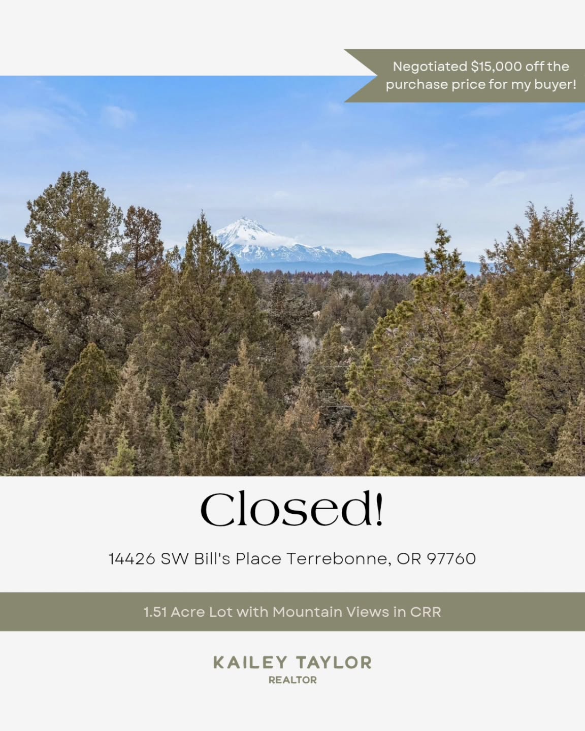 First closing of 2026 ✨
So grateful to kick off the year helping a referral from past clients land the perfect piece of land. He wasn’t sure exactly where he wanted to be — just within an hour of Bend — so we explored every direction: La Pine, Prineville, and Terrebonne. In the end, Crooked River Ranch stole his heart with sweeping mountain views and the ideal setting for his future retirement home.
Even better, I was able to negotiate $15,000 off the purchase price 💪🏼 Nothing beats helping someone find a place that truly feels right. 💚
Thanks for a smooth transaction @amiebullockre!
.
.
.
#livelifeinbend #realtorkailey #centraloregonrealestate #landclosing