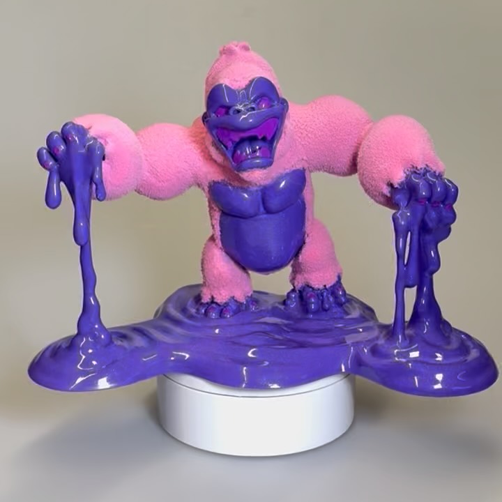 This pink nightmare was my test piece as I was trying to learn how to use a static flock applicator. The flock was too light and I was too slow so it went on heavy and a little chunky. I tried to throw it in the garbage but @playfulgorilla said one of you suckers would want it so he’s gonna raffle it off on Saturday at @the_spacelab . I call this piece “Stuck” and there’s two other better executed versions that will be available at the opening on Saturday with a bunch of other amazing pieces by way more talented people.
#100artistsvs1gorilla #customtoy #gorilla #pinknightmare #purple