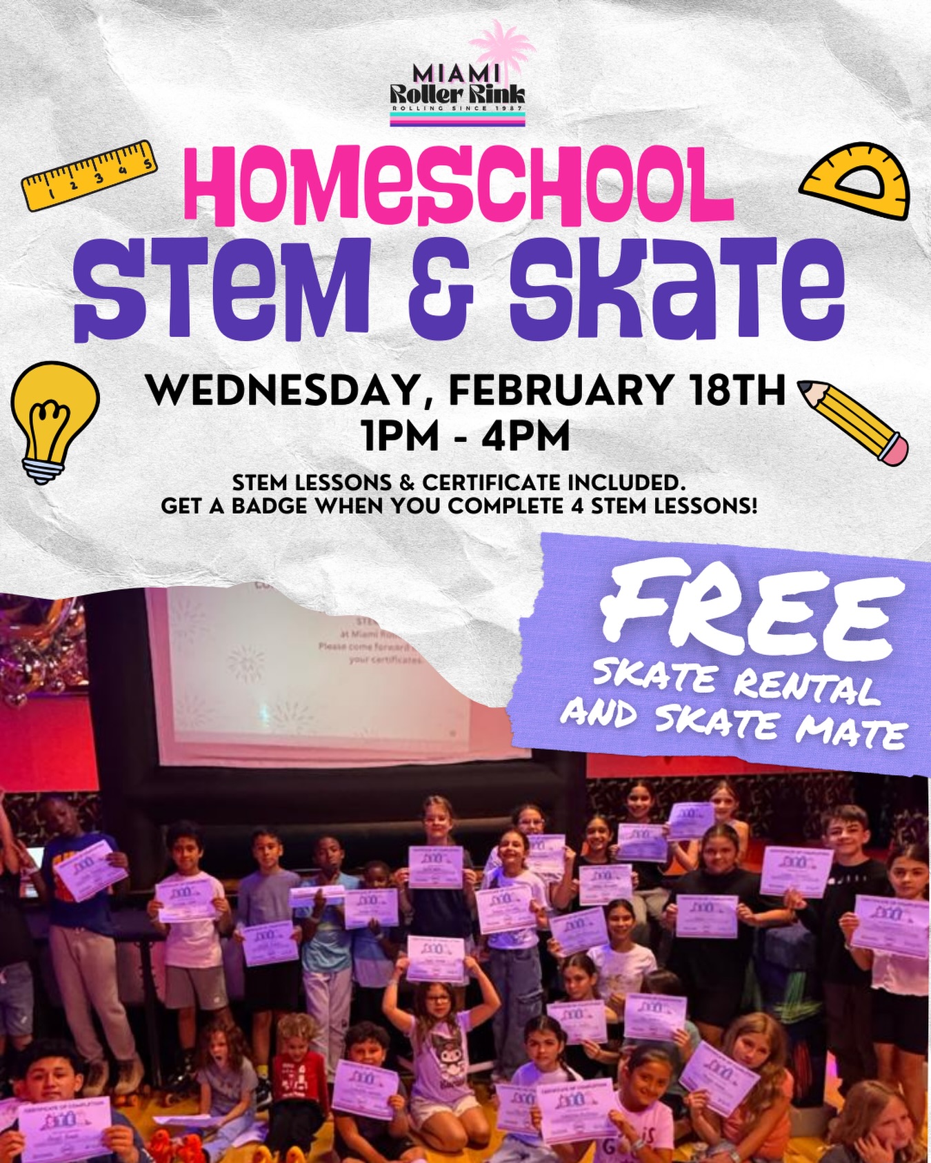 Homeschool Skate is rolling in again!🛼📚
We’re combining STEM learning with roller skating for the perfect balance of brains + movement! 💡✨
What’s included:
• STEM lessons & certificate
• FREE skate rental & Skate Mate
• Rink time with friends
📅 Wednesday, February 18th
⏰ 1PM – 4PM
🎟 Good to know:
• Plus & VIP Memberships accepted
• Non-skating chaperones get in FREE
• Skating chaperones receive 50% OFF to skate ‼️
• Receipts available for **Step Up reimbursements**
🎉 Bonus: Book your Homeschool Party during any Homeschool Skate session & enjoy a special homeschool party discount!
Spots fill fast, don’t miss the fun! 🛼📚
#MiamiRollerRink #STEMandSkate #HomeschoolMiami