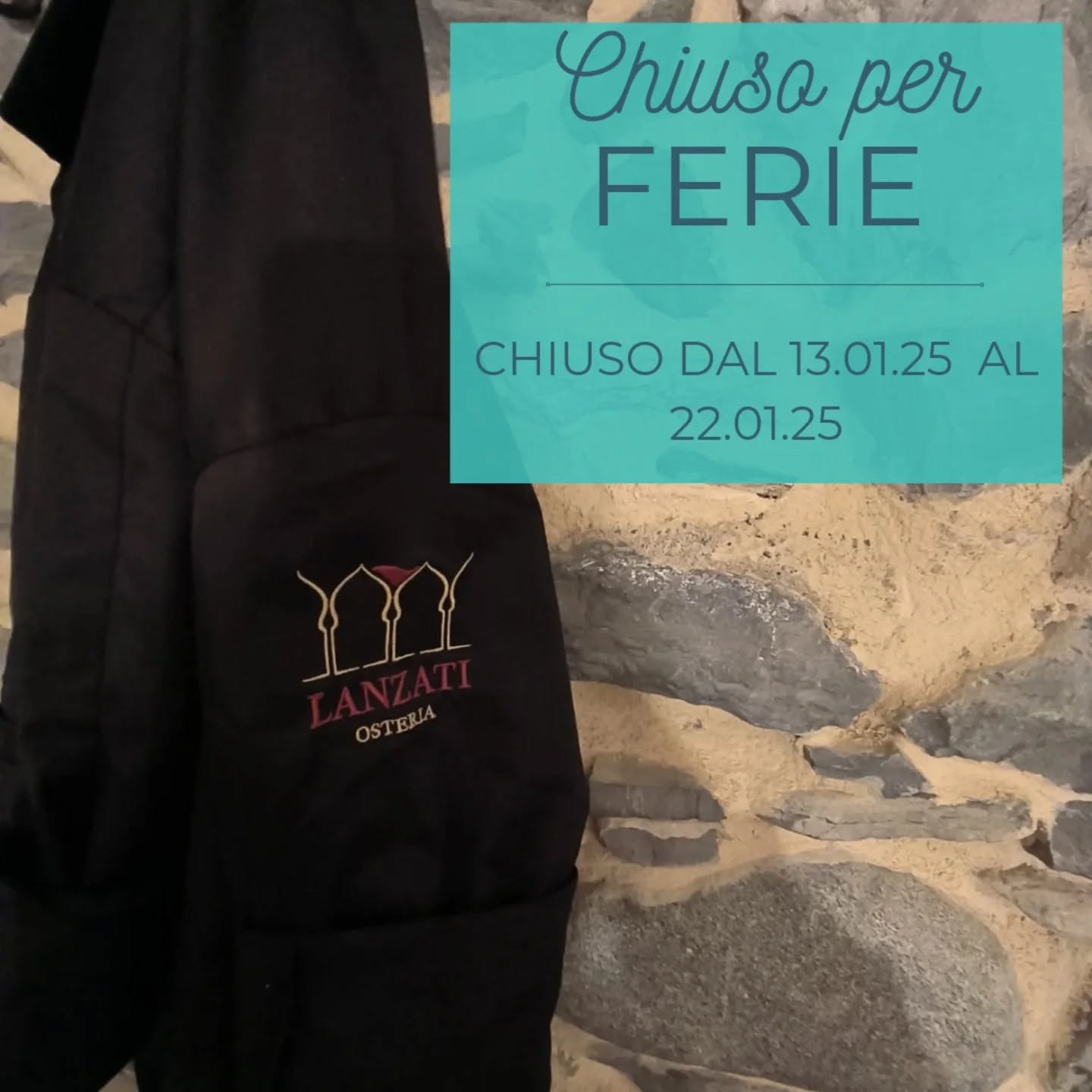 Ci fermiamo qualche giorno per rigenerarci e ricaricare le batterie🪫🔋
Ci si rivede in osteria come di consuetudine col servizio di pranzo e cena da giovedì 23 gennaio! 🍽️
A presto! 👋
#osterialanzati