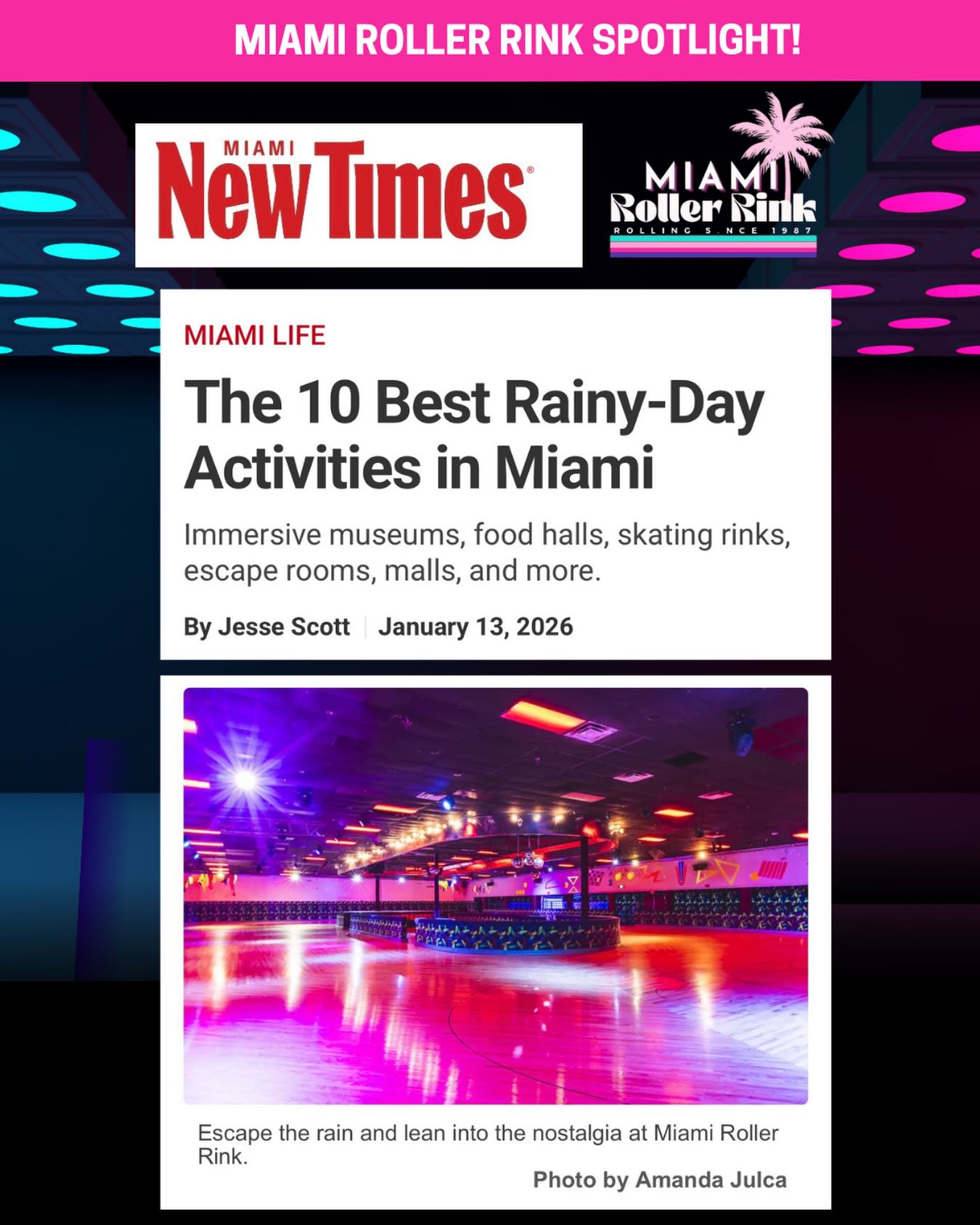 Thanks @miaminewtimes for the feature!
☔️ Whether it’s raining or cold outside like this weekend, we’ve got your plans covered!
🌧️🥶 This weekend’s forecast is perfect for a day out at the rink with the family or your crew! #miamirollerrink #hotwheels #miami