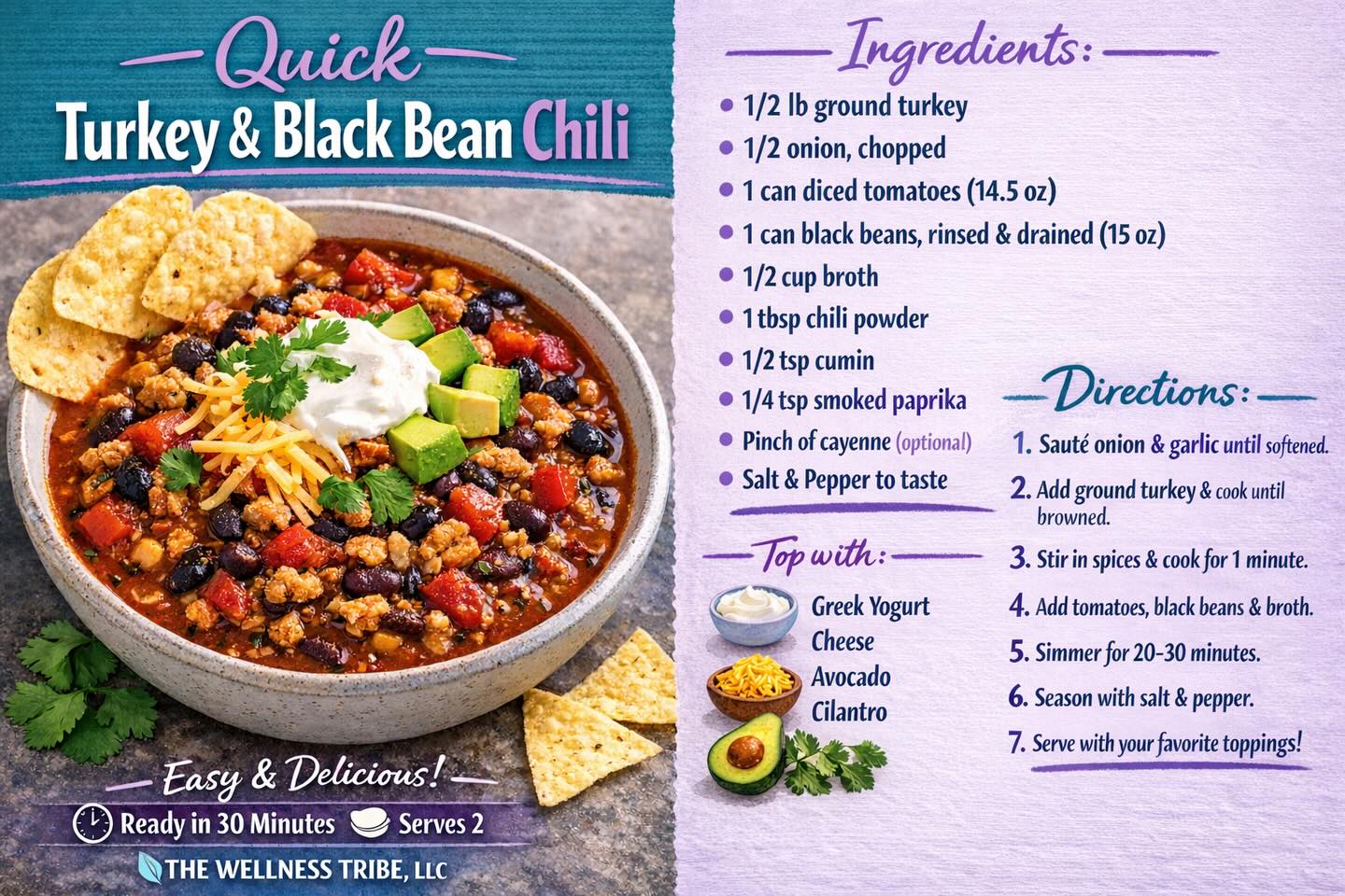 Cozy, comforting, and actually good for you 🌿
This Quick Turkey & Black Bean Chili is packed with protein, big flavor, and feel-good ingredients to keep you fueled and grounded.
Because wellness isn’t just what happens on the table… it’s how you care for your body after.
✨ Nourish yourself.
✨ Slow down.
✨ And when your body asks for a little extra love—massage is always a good idea.
Save this recipe for your next cozy night in and tag us if you make it 🤍
Your nervous system (and your taste buds) will thank you.
#NourishYourBody #CozyWellness #HealthyComfort #FoodIsMedicine #MassageAndMindfulness