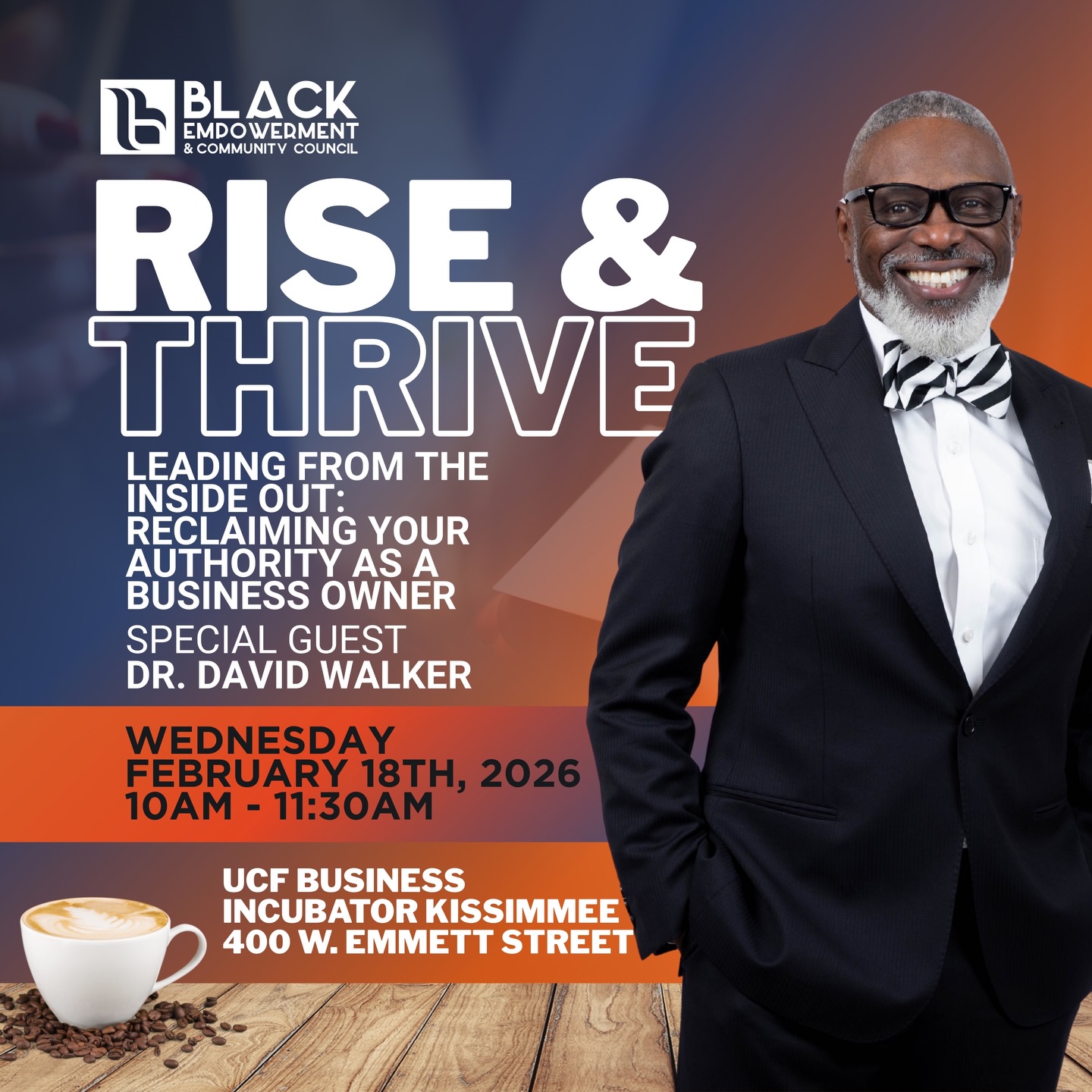 We are excited to welcome Dr. David Walker as our featured speaker for our next Rise & Thrive Networking Experience, hosted at the UCF Incubator in Downtown Kissimmee.
His topic hits right where it matters for entrepreneurs and leaders building something real:
Leading From the Inside Out: Reclaiming Your Authority as a Business Owner
This session is about mindset, ownership, and showing up as the leader your business needs. Practical. Grounded. Powerful.
In honor of Black History Month, we are opening complimentary vending for partners, members, and guests.
This is your chance to put your brand in front of movers, builders, and decision makers.
If you want to vend, email connect@beccouncil.org.
Let’s get our brands in front and our dollars circulating. ✊🏾🖤📈
🗓 February 18th
⏰ 10:00 AM
📍 UCF Incubator, Downtown Kissimmee
Bring your cards.
Bring a friend.
Pull up ready to connect, collaborate, and grow.
This is community building business together.