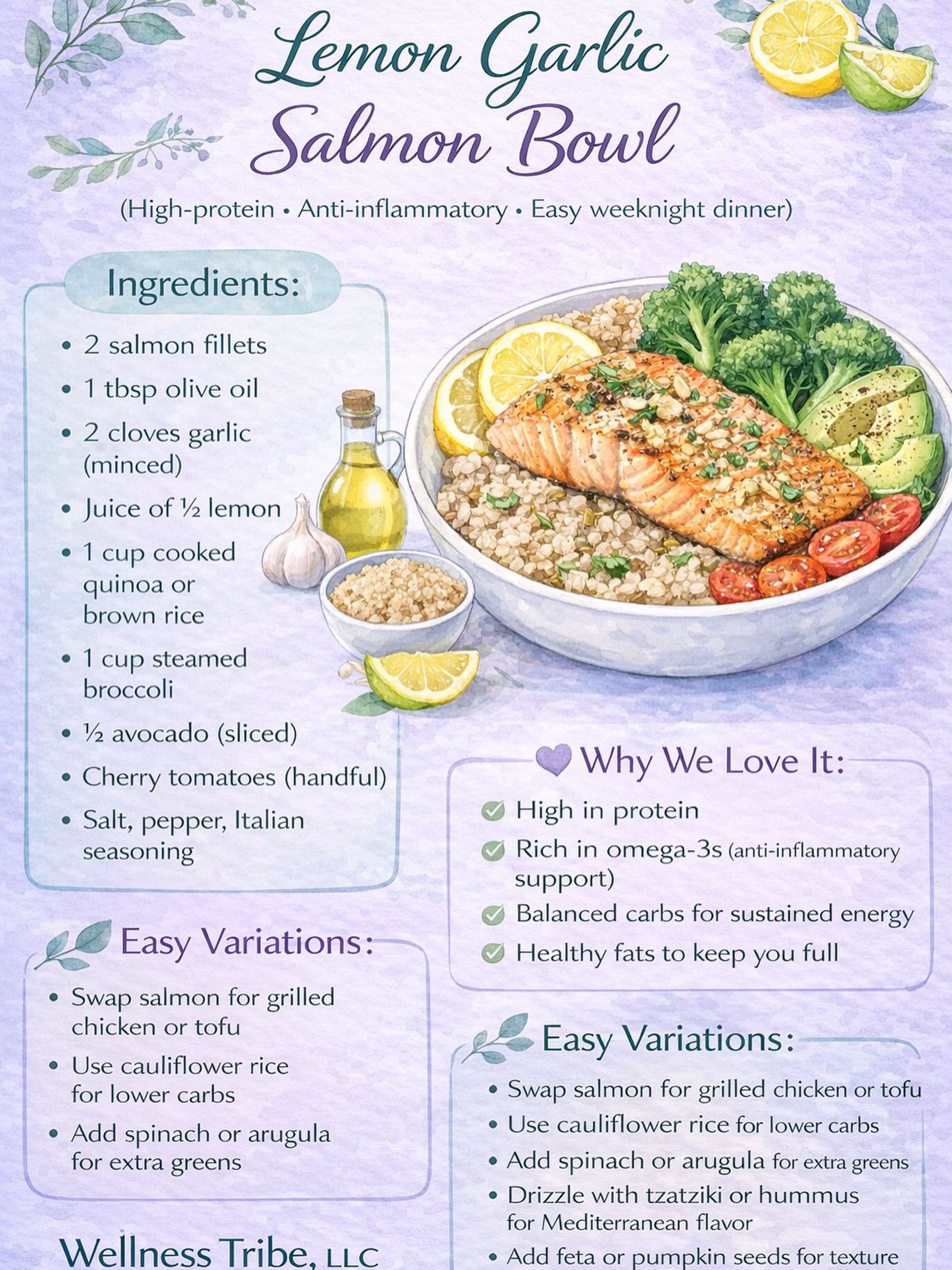 Lemon Garlic Salmon Bowl
*(High-protein • Anti-inflammatory • Easy weeknight dinner)*
🥬 Ingredients:
• 2 salmon fillets
• 1 tbsp olive oil
• 2 cloves garlic (minced)
• Juice of ½ lemon
• 1 cup cooked quinoa or brown rice
• 1 cup steamed broccoli
• ½ avocado (sliced)
• Cherry tomatoes (handful)
• Salt, pepper, Italian seasoning
—
🥣 Instructions:
1️⃣ Preheat oven to 400°F.
2️⃣ Place salmon on baking sheet. Drizzle with olive oil, garlic, lemon juice, salt & pepper.
3️⃣ Bake 12–15 minutes until flaky.
4️⃣ Build your bowl: quinoa, broccoli, tomatoes, avocado.
5️⃣ Top with salmon and a squeeze of fresh lemon.
Enjoy ✨
---—💜 Why We Love It:
✔ High in protein
✔ Rich in omega-3s (anti-inflammatory support)
✔ Balanced carbs for sustained energy
✔ Healthy fats to keep you full
---
— Easy Variations:
• Swap salmon for grilled chicken or tofu
• Use cauliflower rice for lower carbs
• Add spinach or arugula for extra greens
• Drizzle with tzatziki or hummus for Mediterranean flavor
• Add feta or pumpkin seeds for texture
#dinner #wellness #chalfontpa