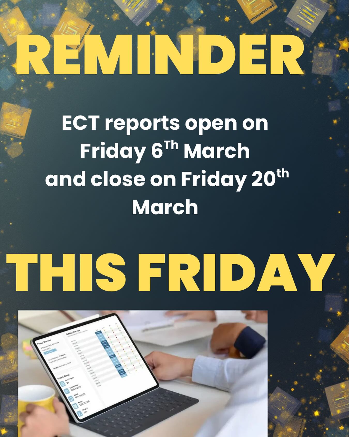 Reminder 🚨
Reports open Friday 6th March and will close on 20th March.
Please make sure everything is completed and submitted before the deadline ✔️
#report #ect
@manormultiacademytrust @ambition.inst