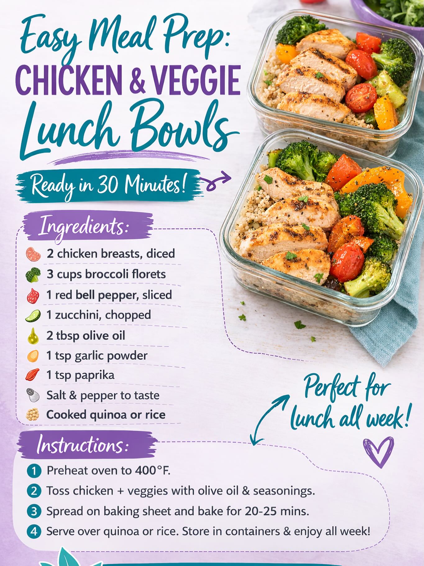 🥗 Easy Meal Prep: Chicken & Veggie Lunch Bowls🍗
Looking for a simple way to stay on track with healthy eating during a busy week? Meal prep can make all the difference!
These Chicken & Veggie Lunch Bowls are:
✨ High in protein
✨ Loaded with veggies
✨ Perfect for lunches all week
Just roast your chicken and vegetables, serve over rice or quinoa, and portion into containers. In about 30 minutes, you’ll have healthy meals ready to grab and go!
Healthy habits don’t have to be complicated. Sometimes it’s just about prepping once and fueling your body all week.
Save this recipe for your next meal prep day! 💜
#MealPrep #HealthyLunch #WellnessLifestyle #HealthyEating #PrepForSuccess