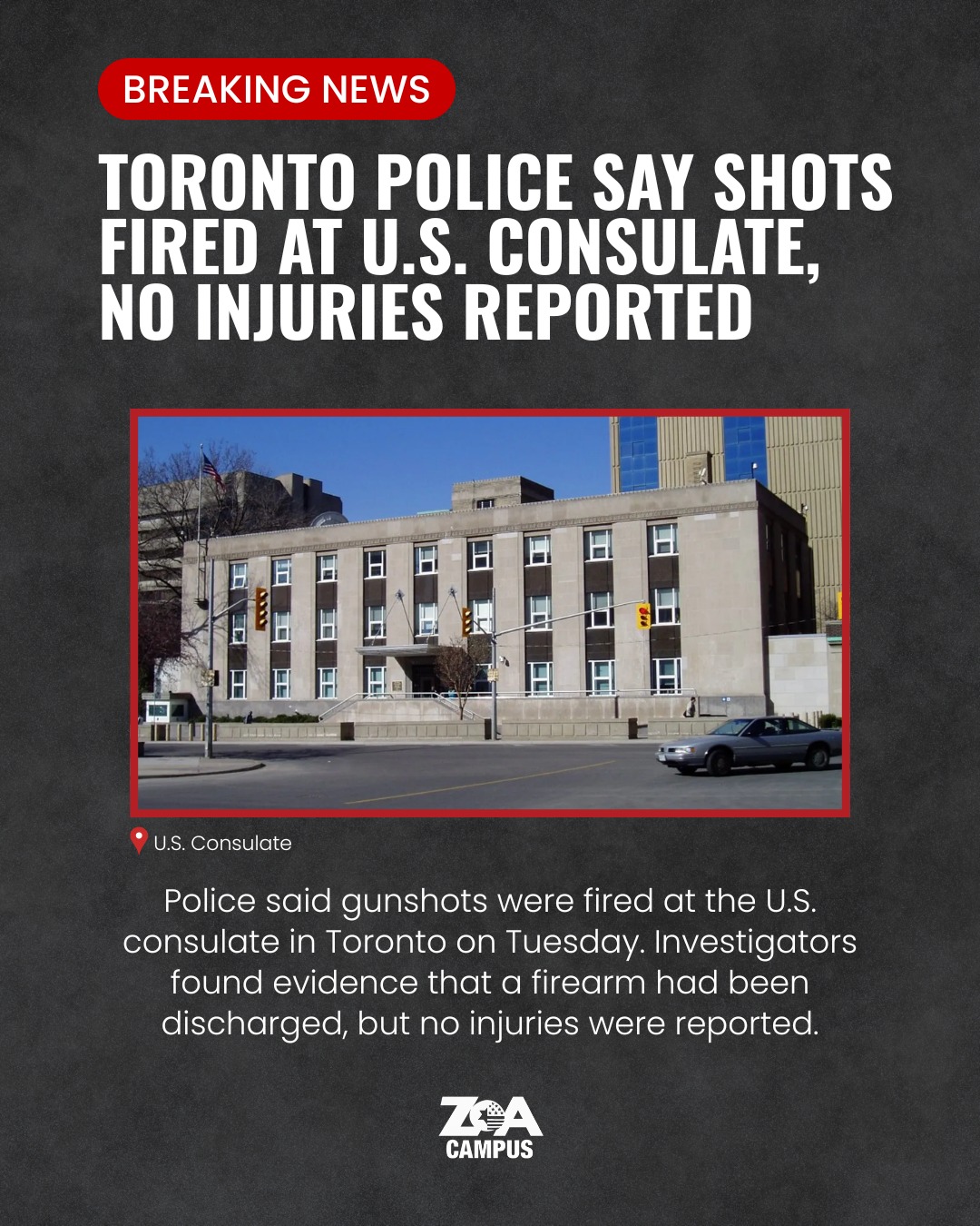 🚨 Shots were fired at the U.S. Consulate in Toronto on Tuesday.
Police say evidence of a discharged firearm was found at the scene, though thankfully no injuries were reported. Authorities are continuing to investigate the incident.