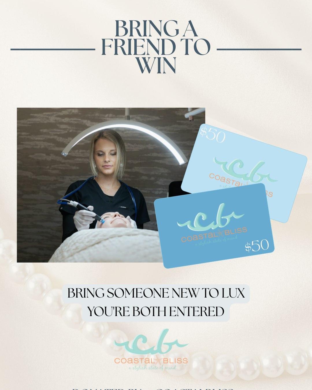 Pearls, a Hydrafacial, and a very good reason to bring your best friend.
Our Fall Signature Event is Thursday, September 24th, with three ways to win, plus event-only specials and treatment demos.
Collect a stamp in each room and turn in your full card for a chance at a beautiful pearl cuff from @smithjewelryco ✨
Carpool with a friend and you’ll be entered together to win a one-year @palmettodentalarts membership, a Burst bundle for your pearly whites.
Bring someone who’s never been to LUX, and you’ll both be entered to each win a $50 @coastalblisshhii gift card and a LUX Hydrafacial. 🛍️
RSVP at the link in our bio. The first 300 spots filled up quickly, so we’ve added 150 more. Tag the friend you’re bringing below. Tagging won’t enter you, but showing up together will.
We'll draw winners live at the event and notify them by phone. No purchase necessary. This promotion is not sponsored, endorsed, or administered by, or associated with, Instagram.
#LuxMedSpa #BlufftonSC #HiltonHeadIsland #BeaufortSC #MedSpaHiltonHead #MedicalSpaBluffton #BlufftonMedSpa